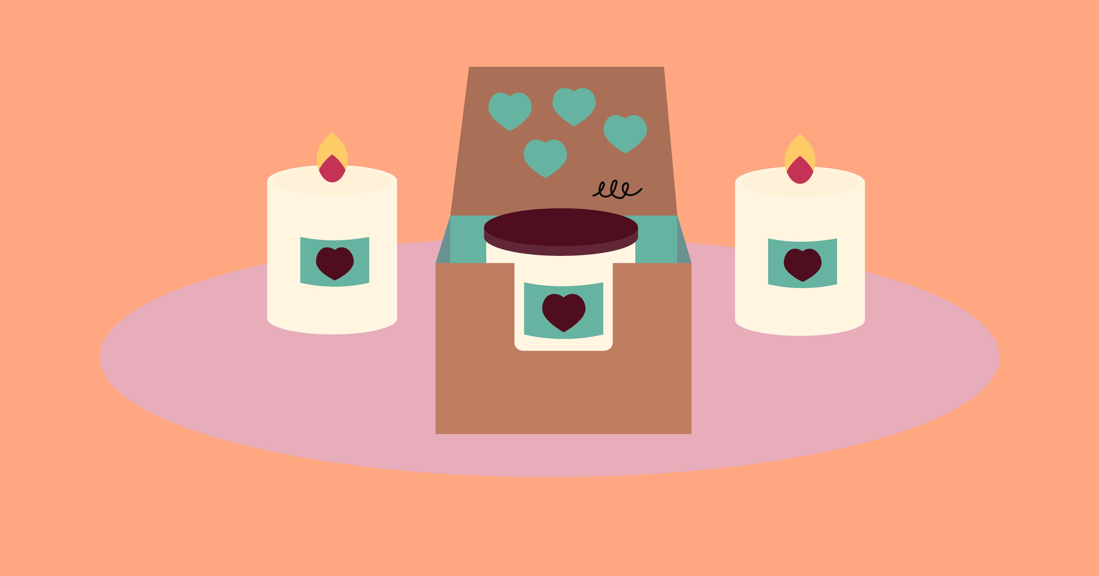 Cover illustration; A beautifully-designed box adorned with hearts sits open, revealing a similarly-designed candle inside. Two lit candles, identical to the one inside the box, stand on opposite sides of the box, slightly pushed to the background. 