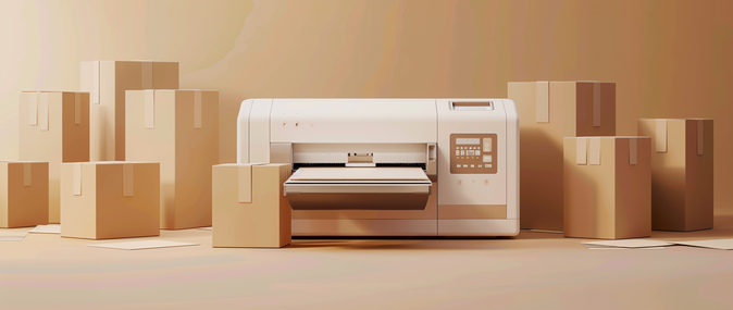 a label printer with boxes around it with a brown-beige color scheme