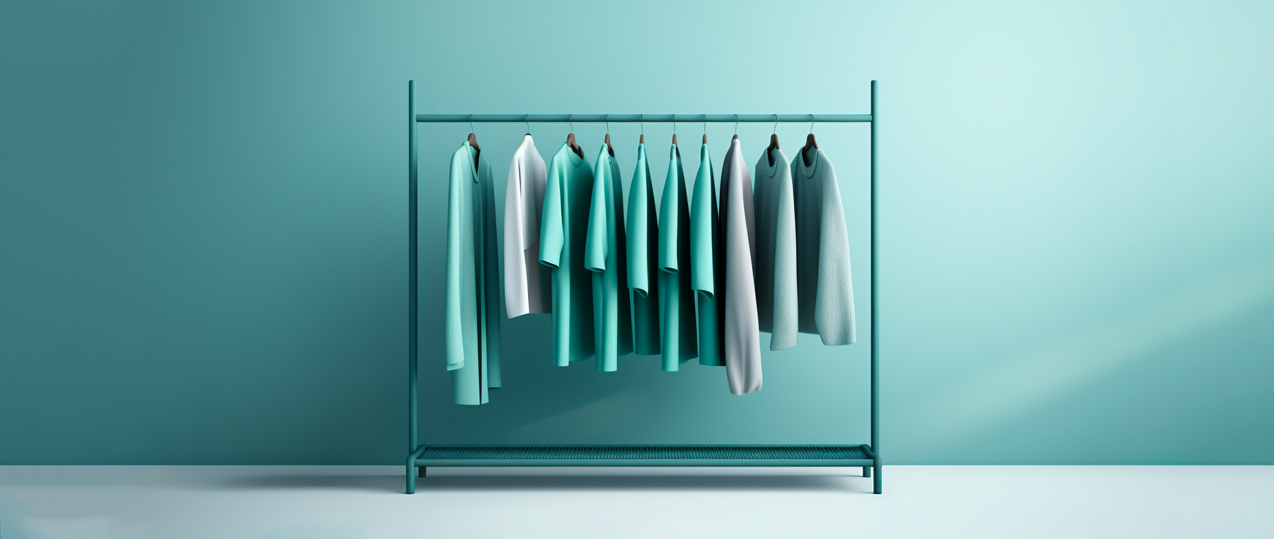 A rack of clothes hanging on a green blue background.