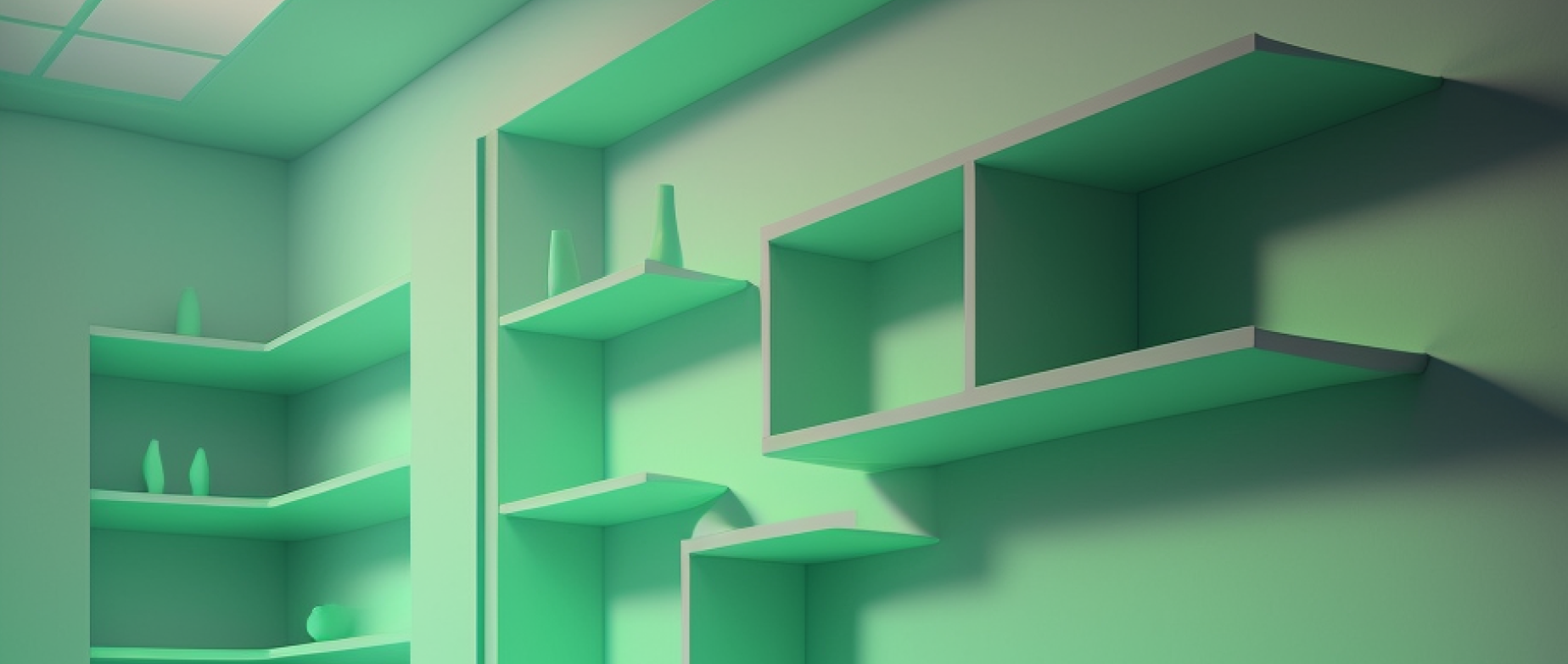 An image of a green room filled with shelving to represent inventory management software