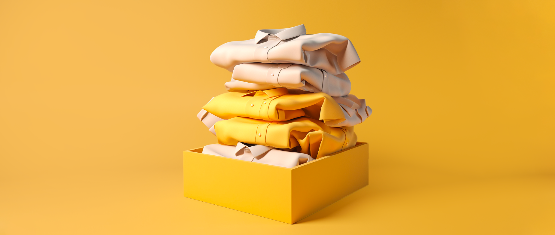 A yellow box with folded white and yellow shirts stacked on top on a yellow background.