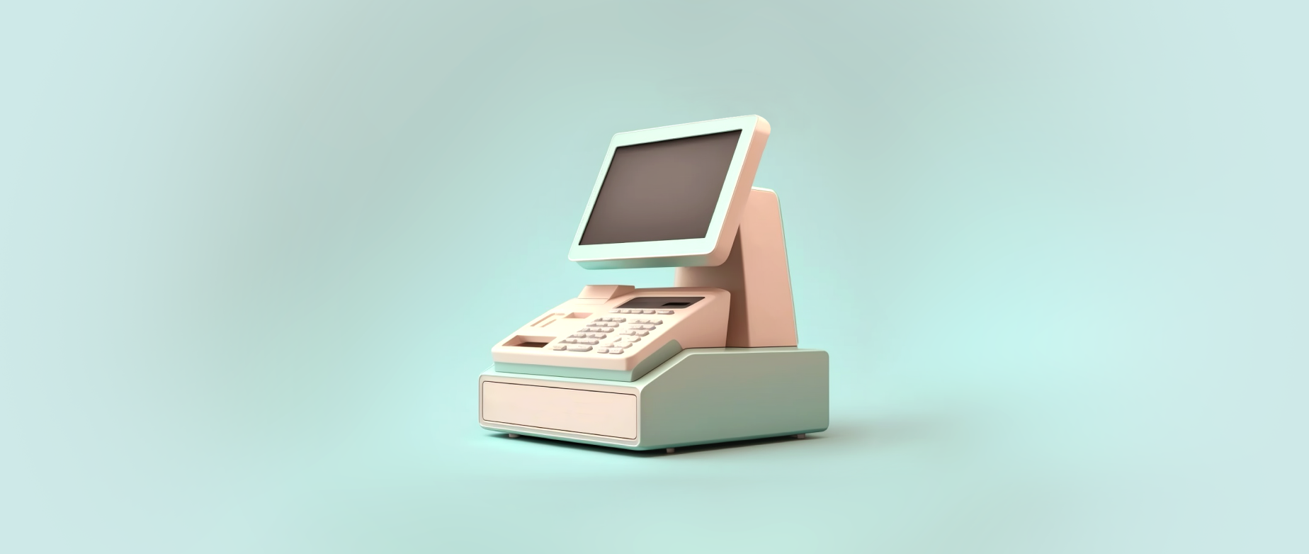 A pale green backdrop with an image of a cash register on it, as a reference to pos companies