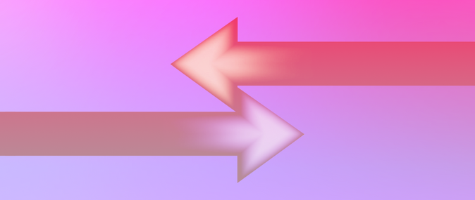 Two arrows going in opposite directions on top of one another on a light purple background.