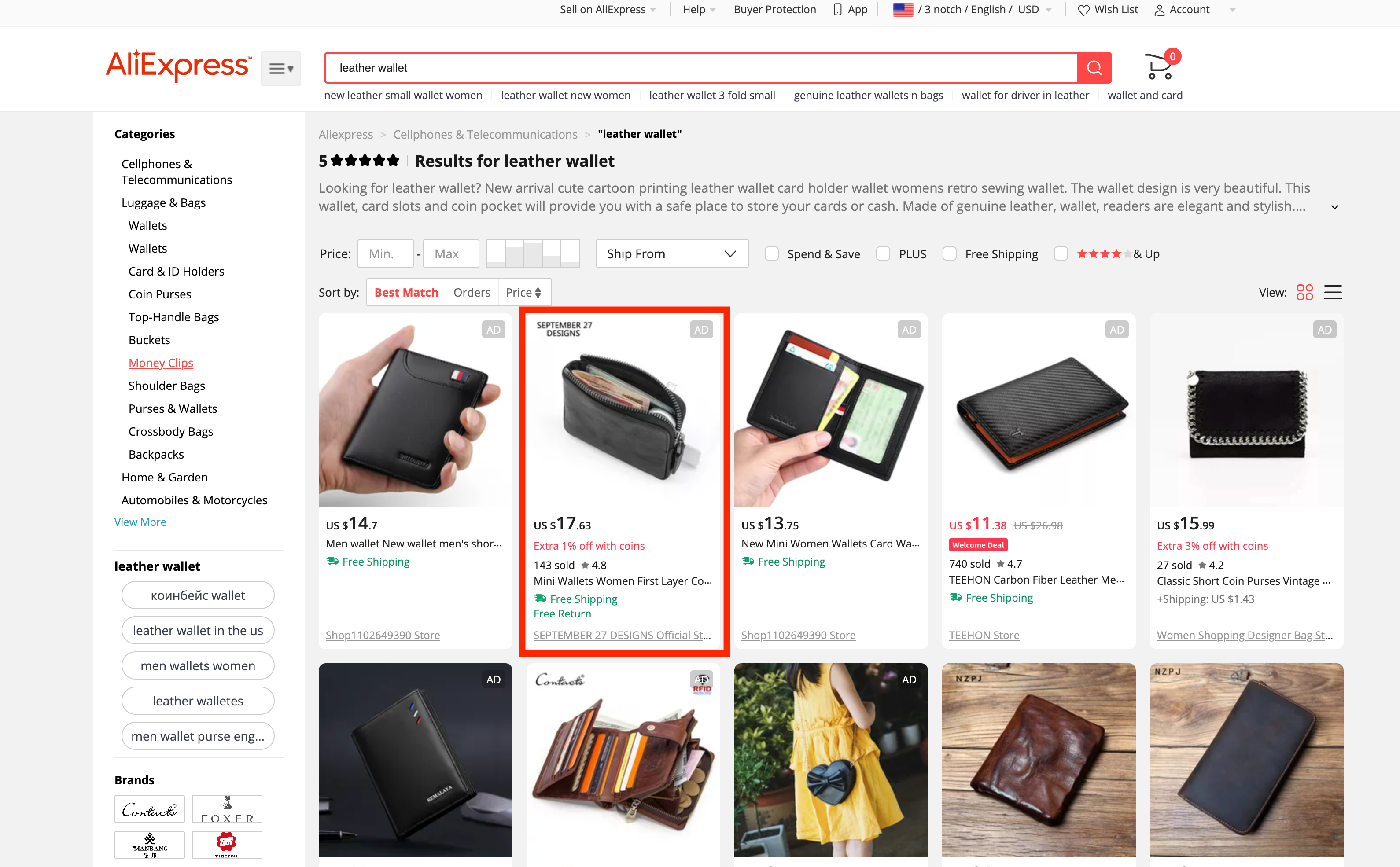 Screenshot of AliExpress wallets search