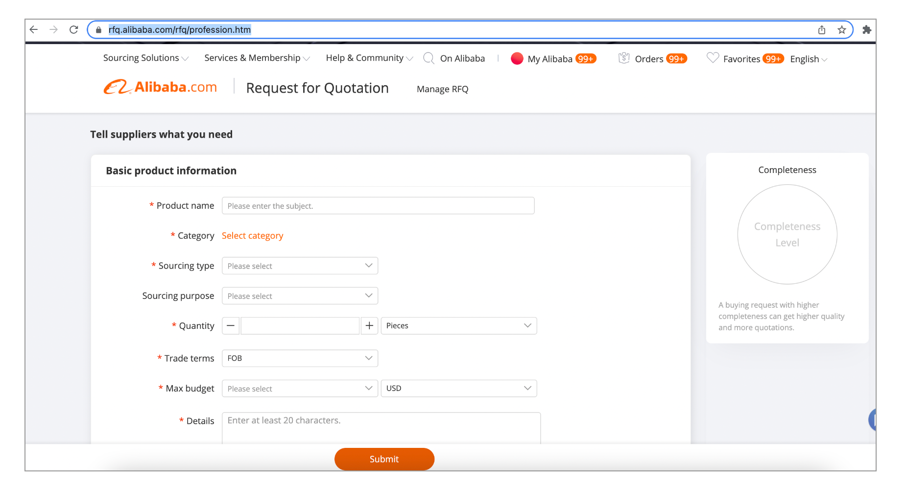 Screenshot of Alibaba RFQ page