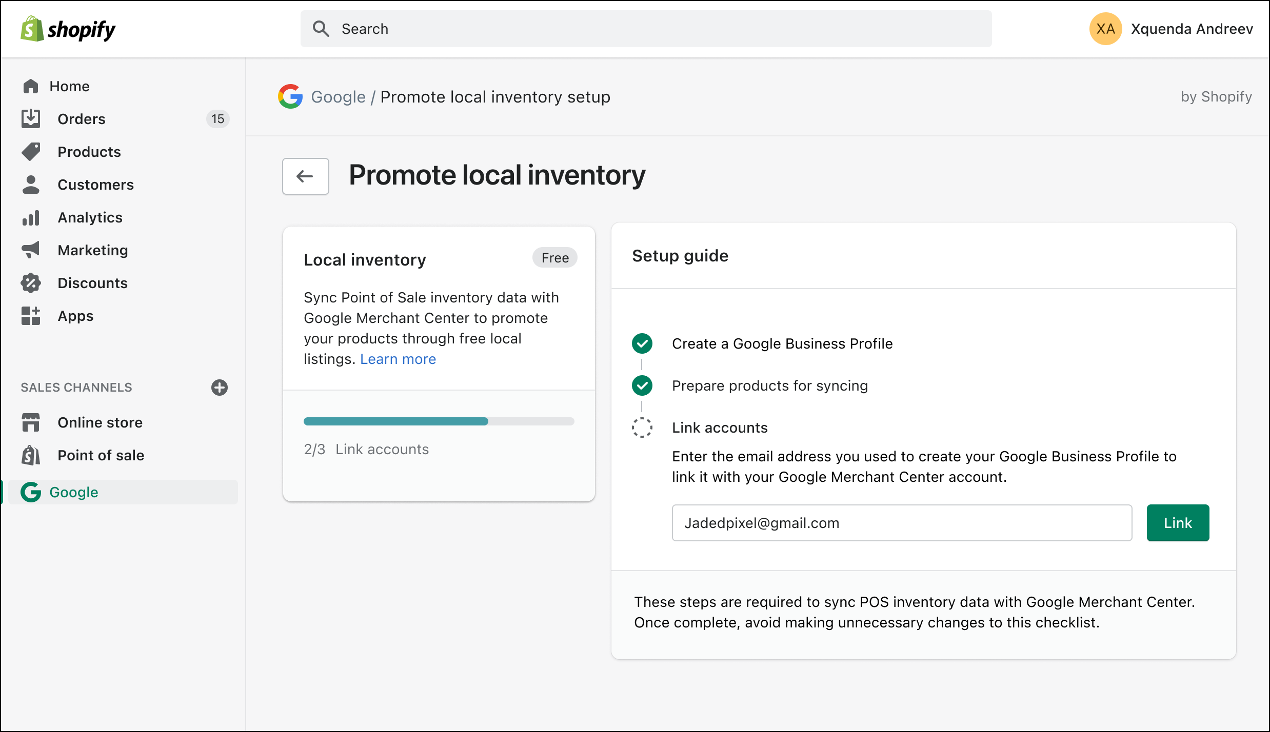 Step 3 for setting up Google local inventory in the Google & YouTube app for Shopify