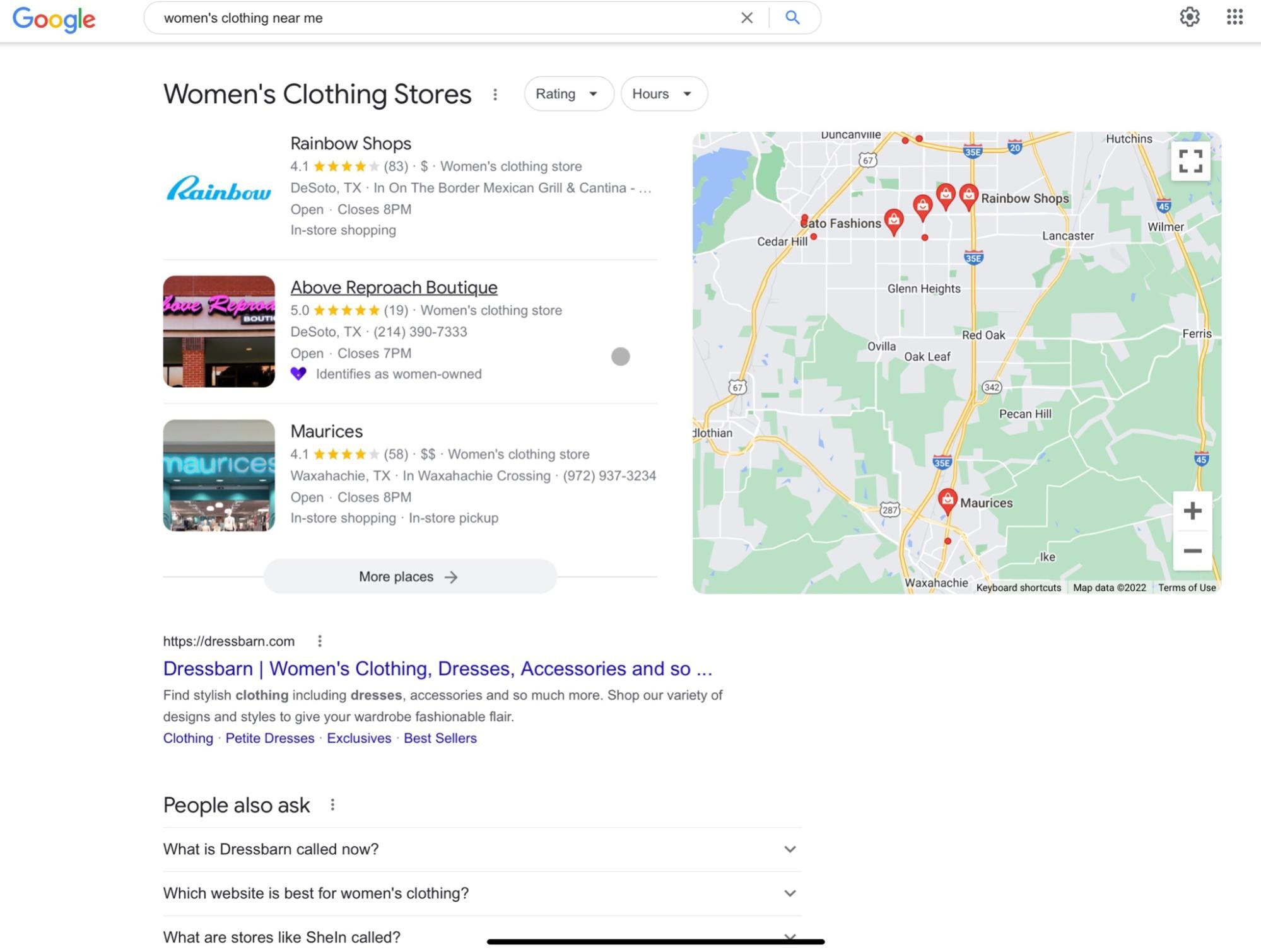 Search results for “women’s clothing near me” when searching from Dallas, Texas