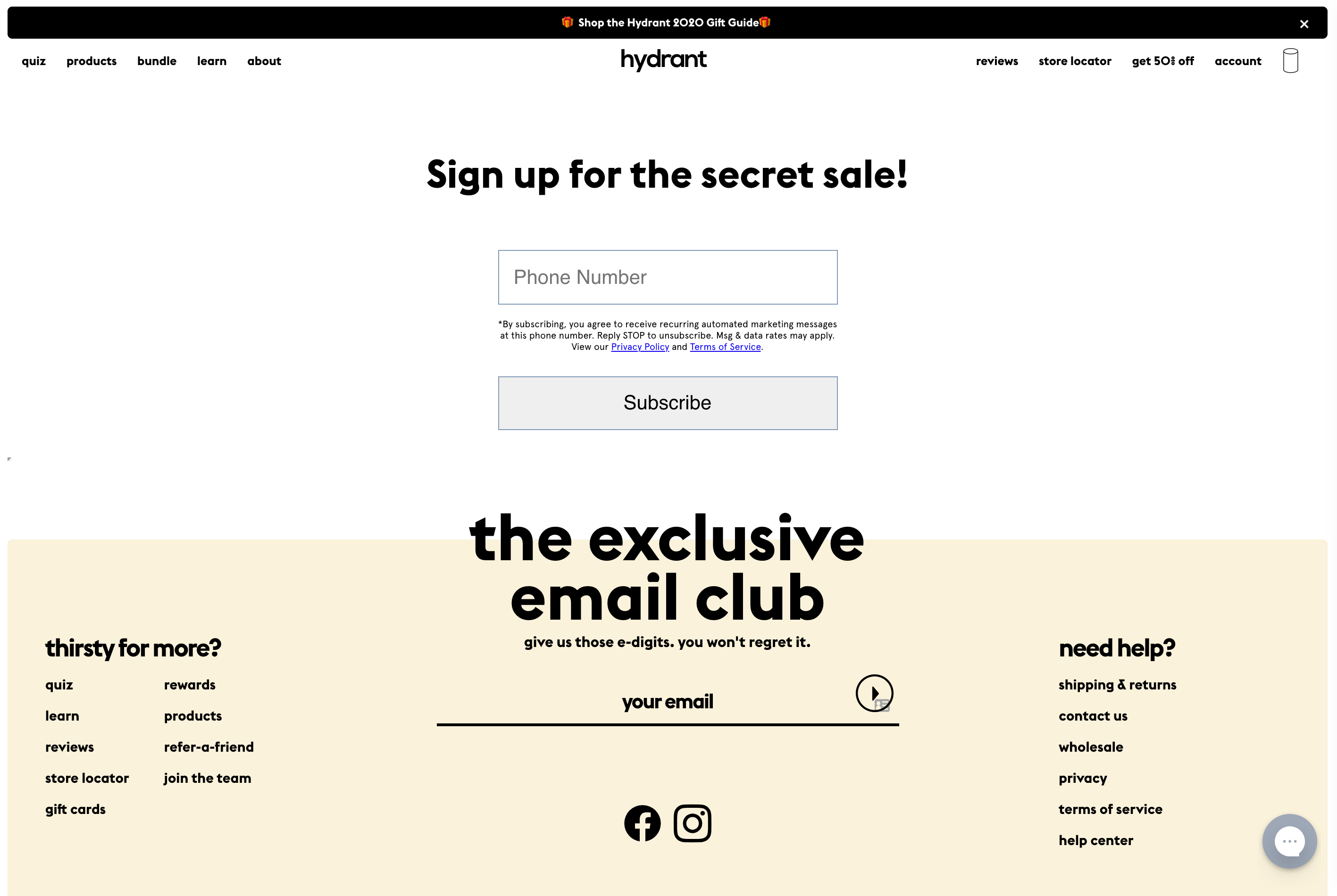 Hydrant's SMS subscribe page