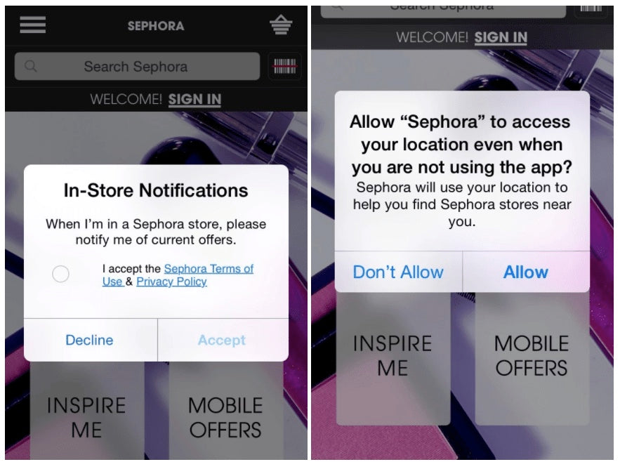In-store notifications from Sephora
