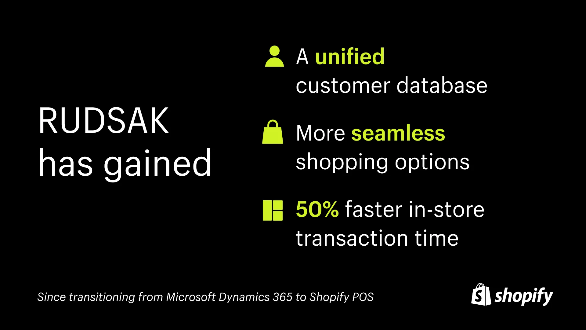 Image of a list of items that Rudsak has gained while using Shopify POS. The list includes a unified customer database, more seamless shopping options, and 50% faster in-store transaction time.