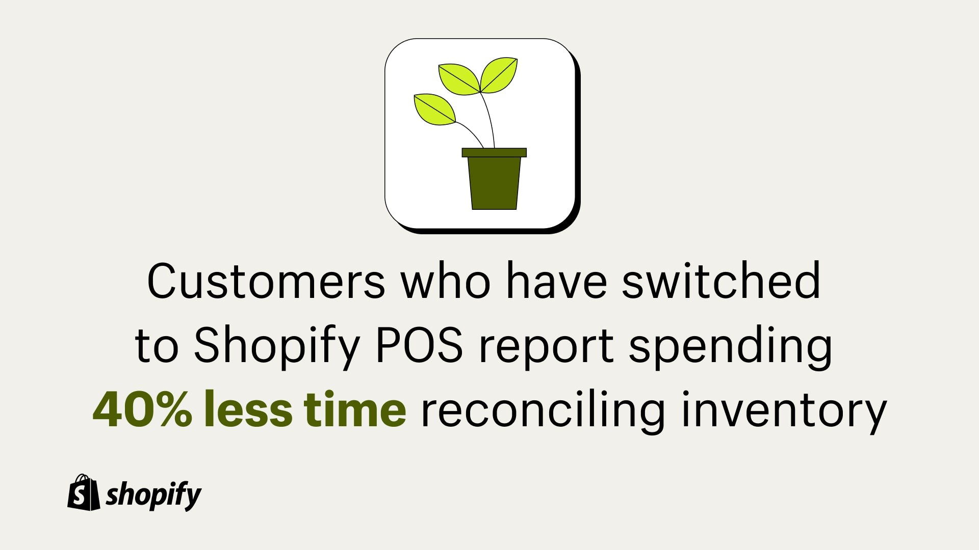 Grey background with a cartoon image of a green plant and a fact below it that read, 'customers who have switched to Shopify POS report spending 40% less time reconciling inventory.'