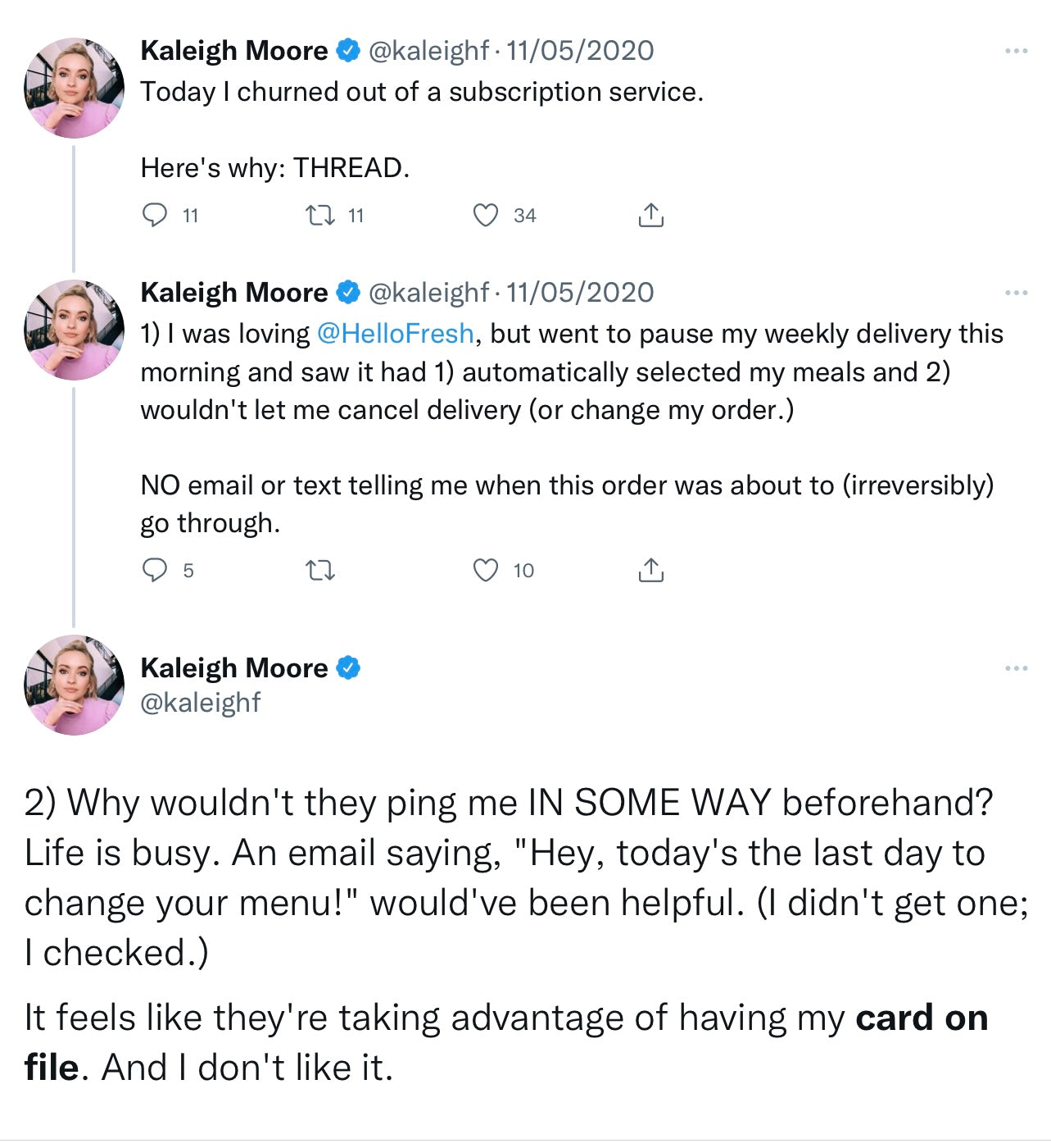 Kaleigh Moore tweet on subscription services