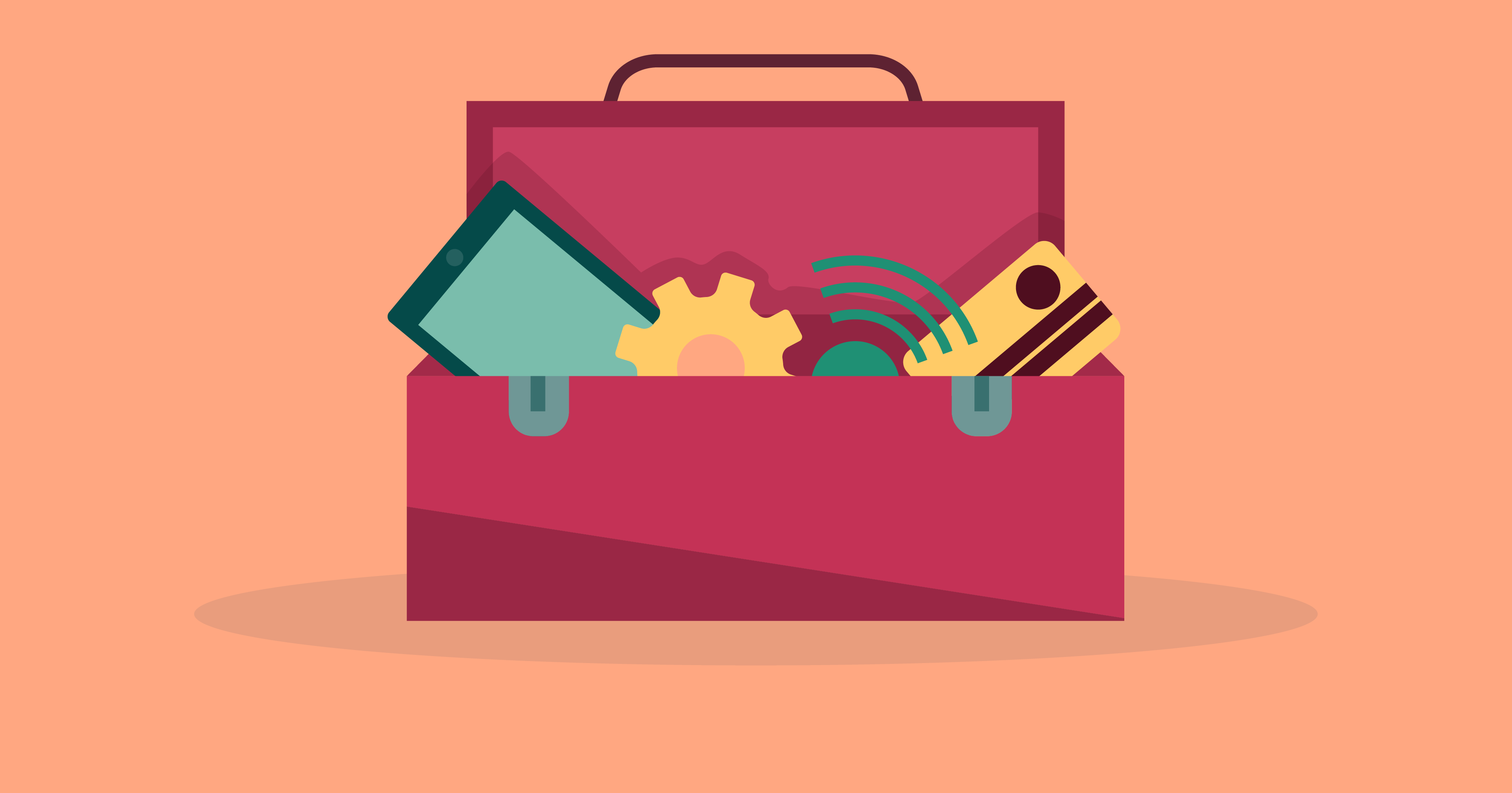Illustration of a toolbox containing a tablet, credit card, a gear, and a volume icon.