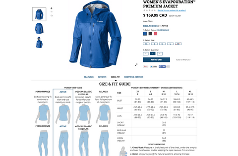 Columbia Jacket Womens Size Chart