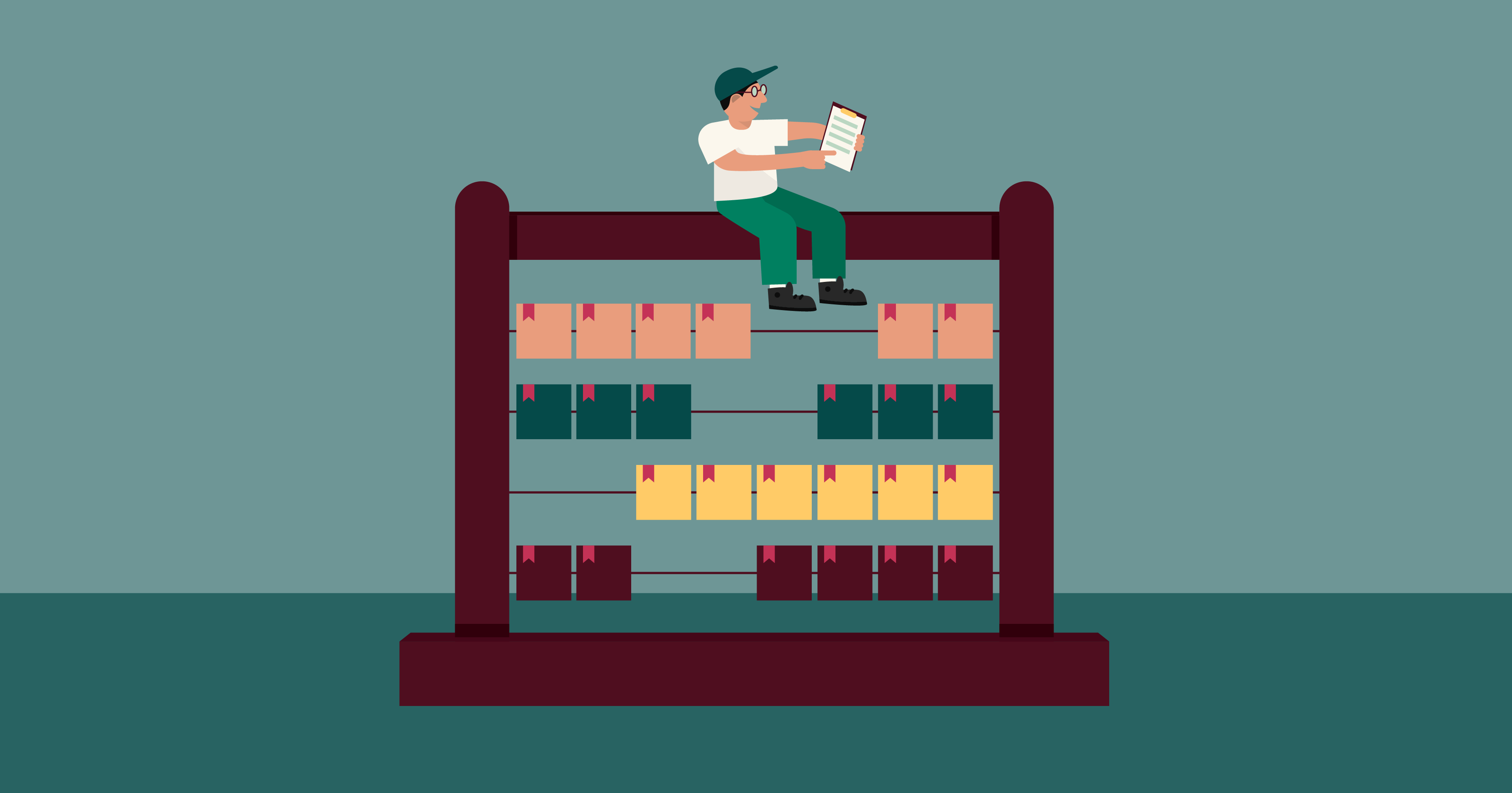 Cover illustration; a merchant sits atop a giant abacus, gleefully pointing to their clipboard.