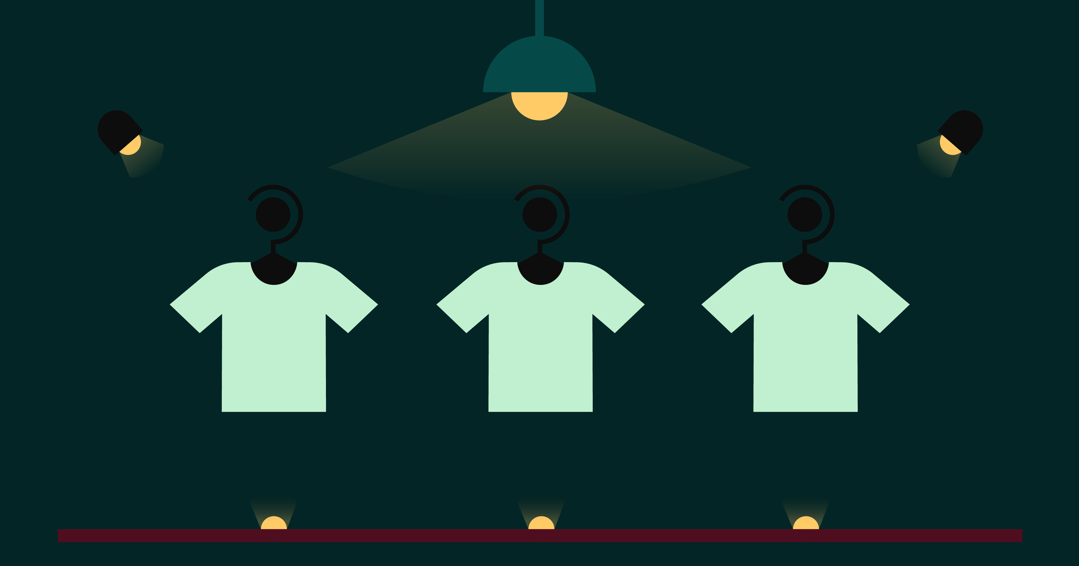 Cover illustration; three t-shirts dangle under a trio of flood lights.
