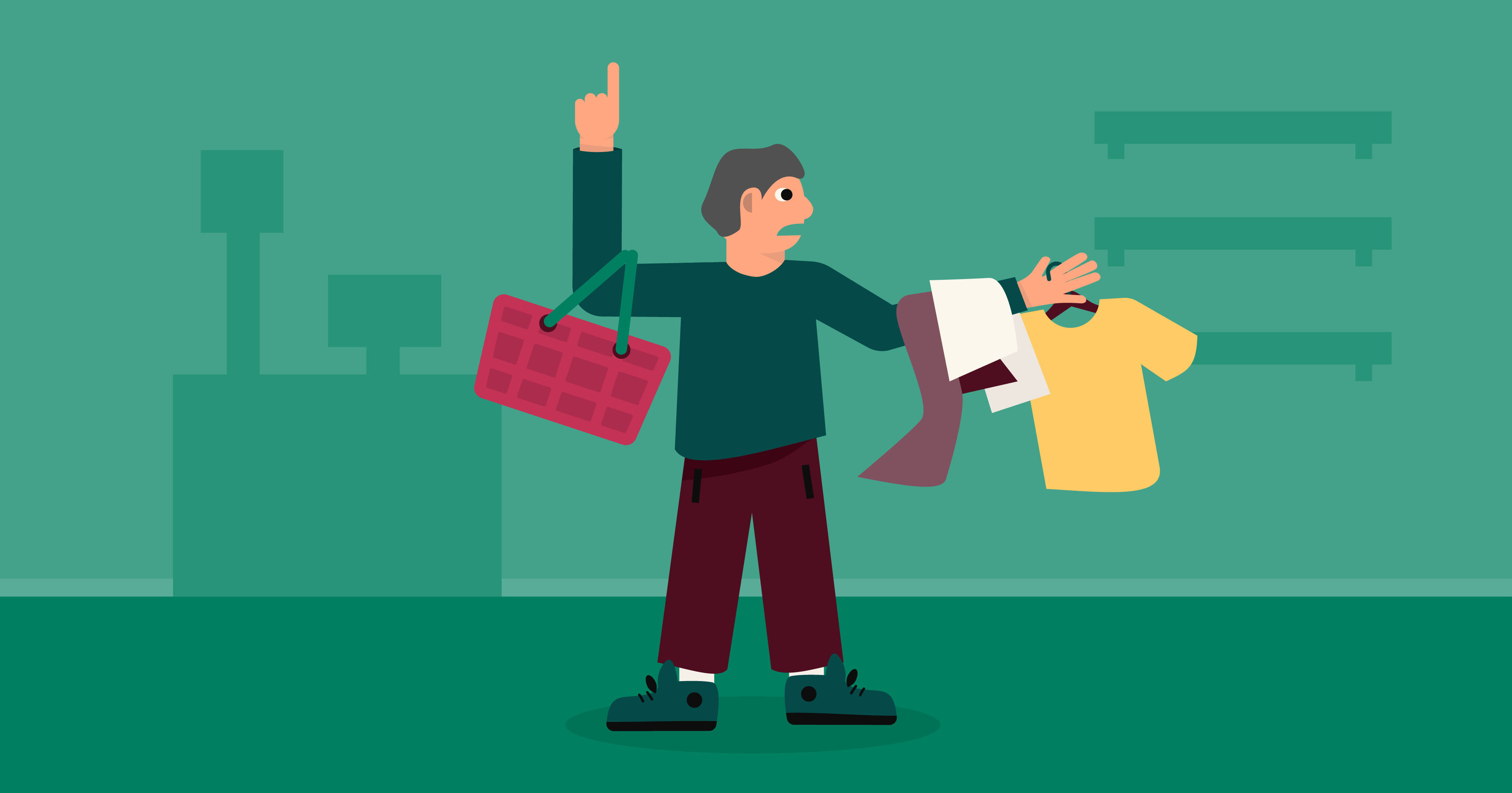 Illustration of a disgruntled shopper with arms full of clothing looking for a sales associate