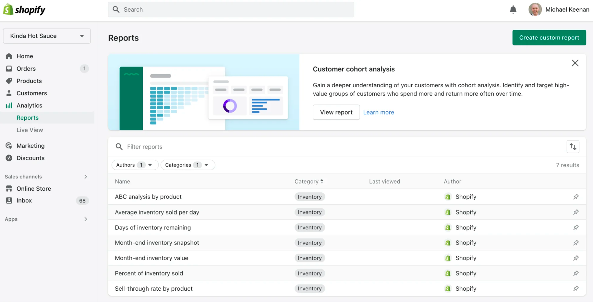 Shopify reports dashboard with various analytical report types including Day of Inventory Remaining.