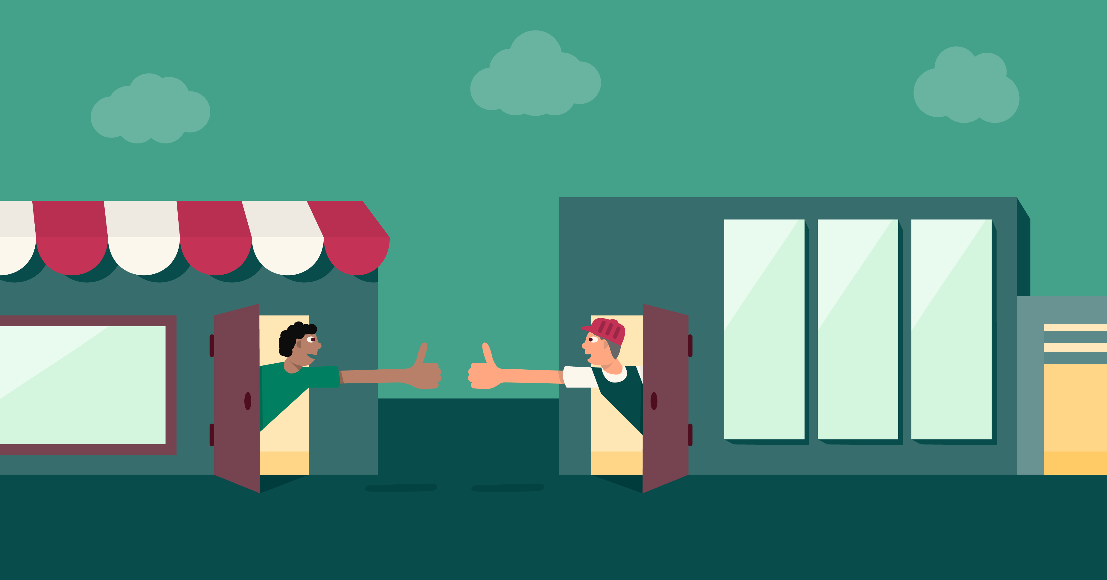 Supplier relationship management representation with two guys giving each other the thumbs up