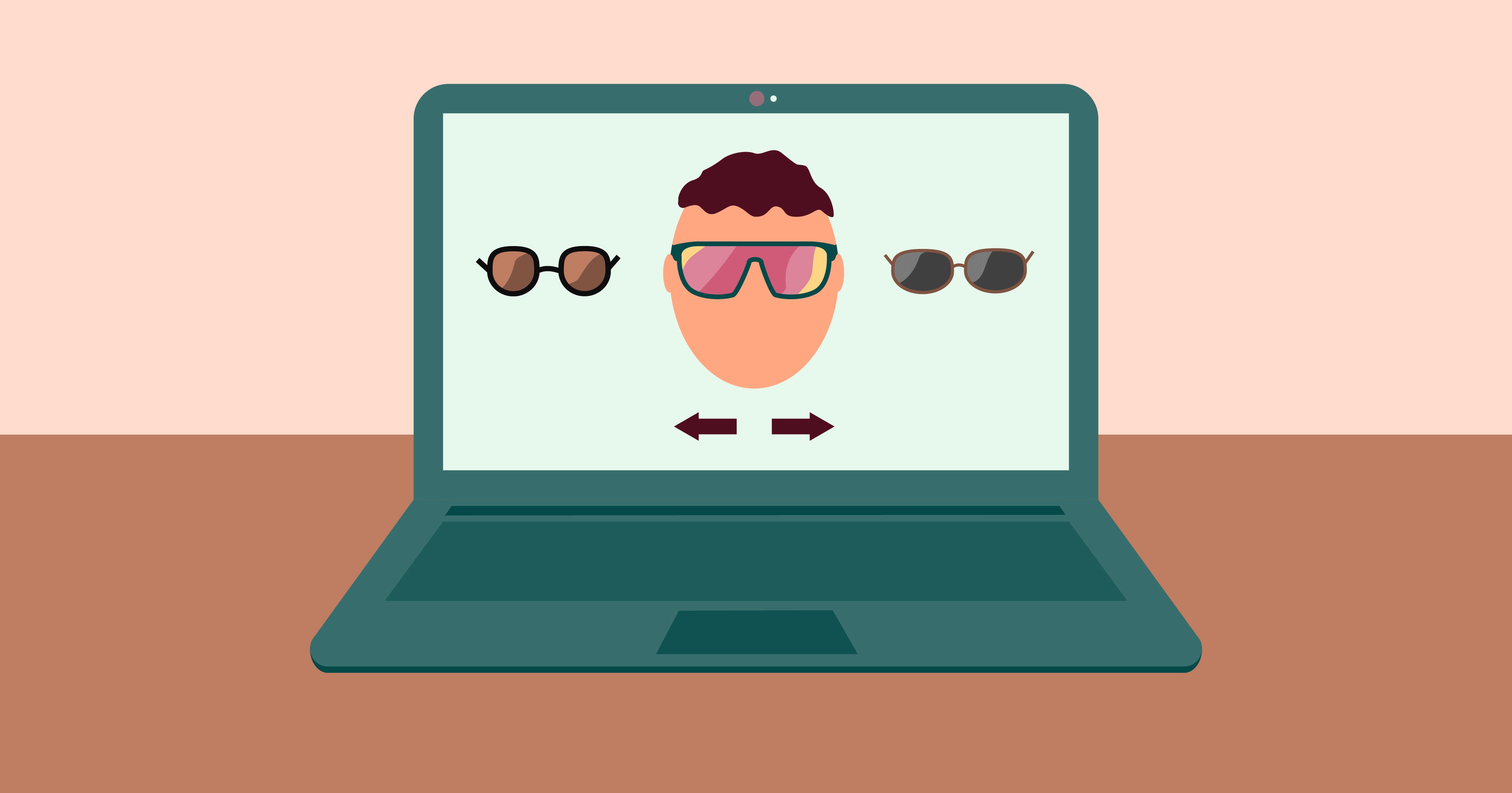 a face trying on different sunglasses on a computer representing try before you buy programs