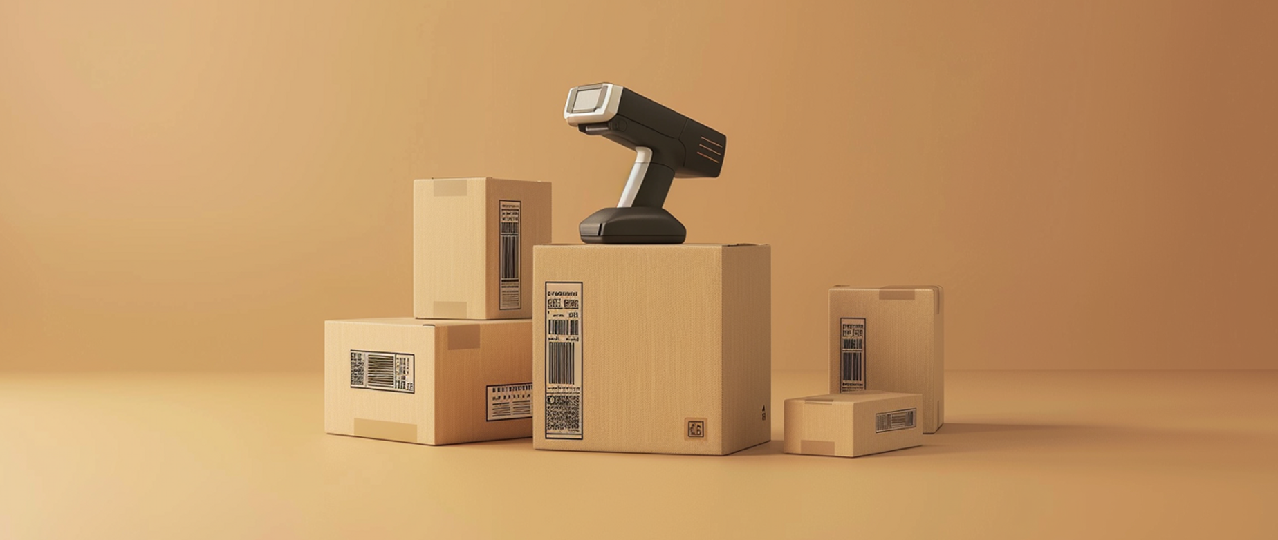 an image of a barcode scanner with boxes with barcodes