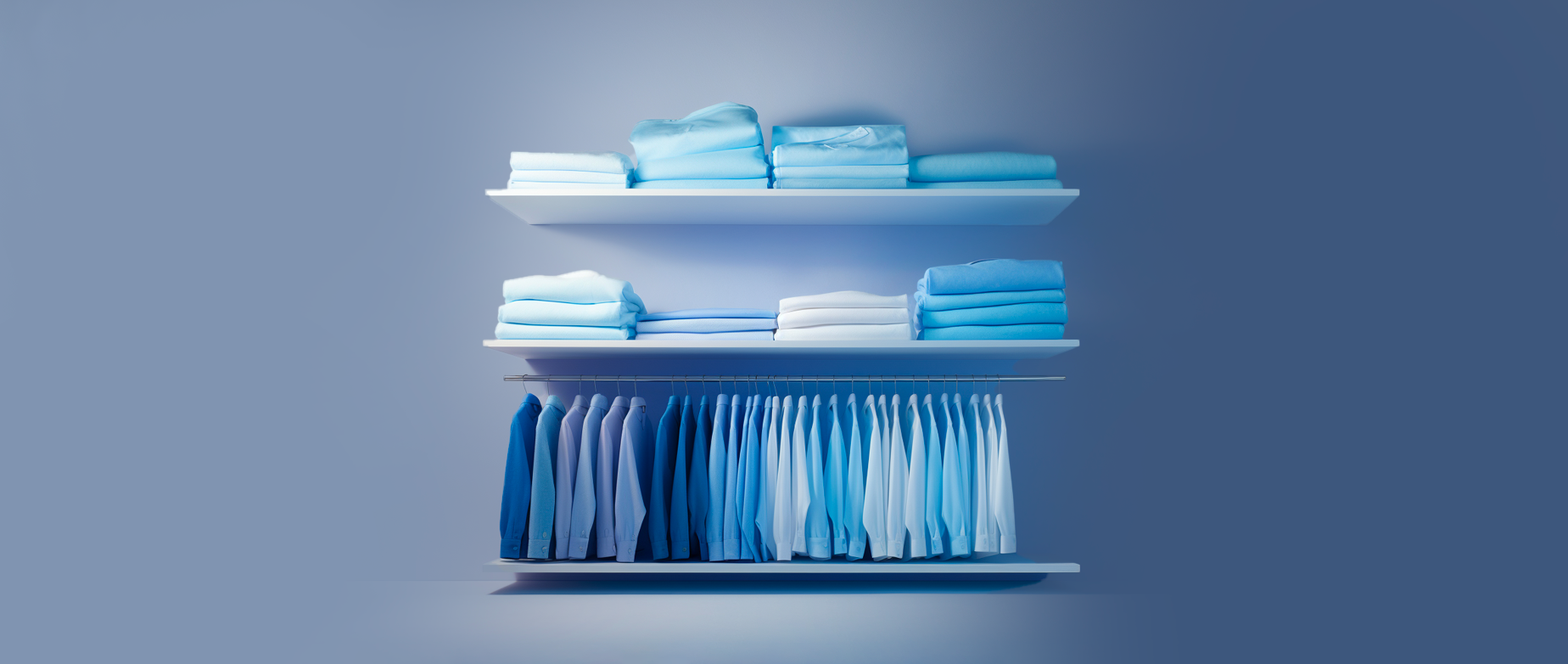 A clothing display with blue shirts folded on shelves and hanging on a grey background.