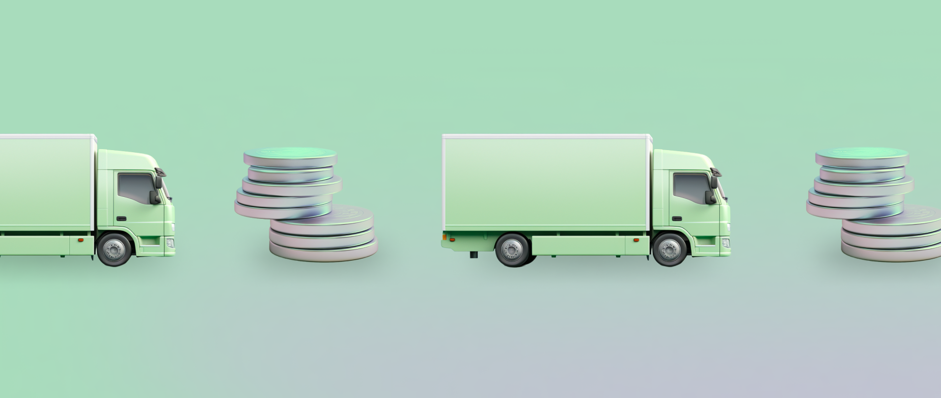 Alternating green trucks with stacks of silver coins on a green background.