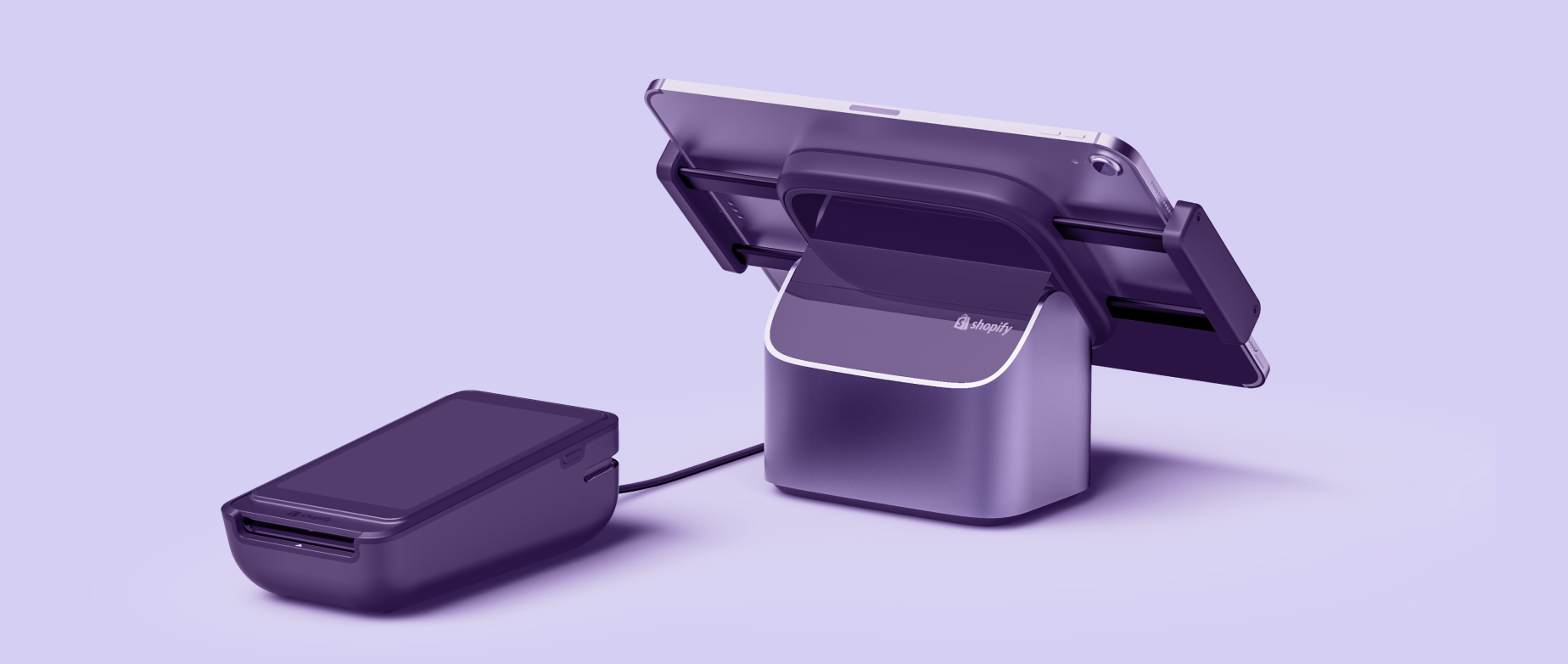 A dark purple Shopify POS and card reader on a light purple background.