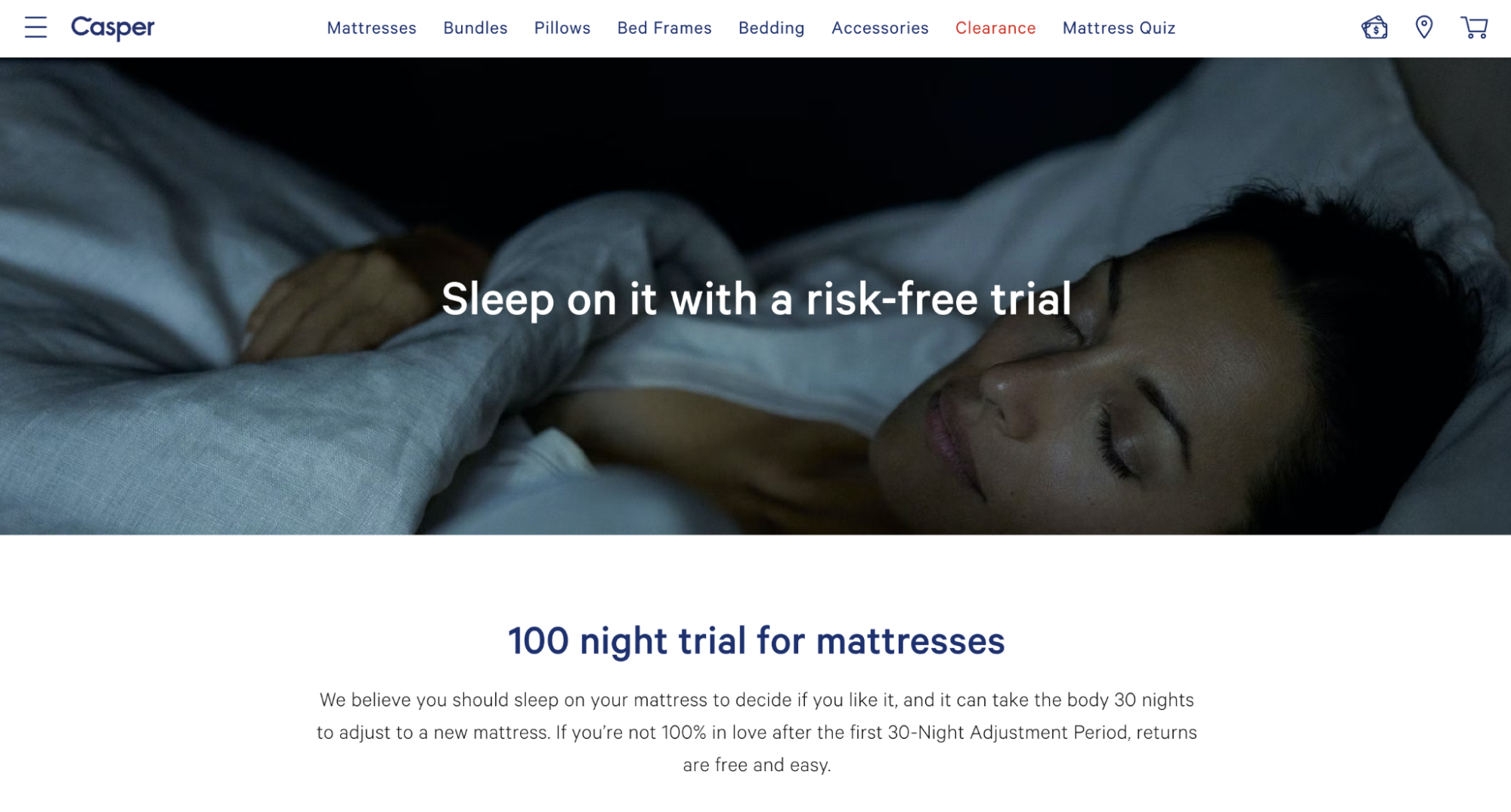 Screenshot of Casper 100 night risk-free trial landing page