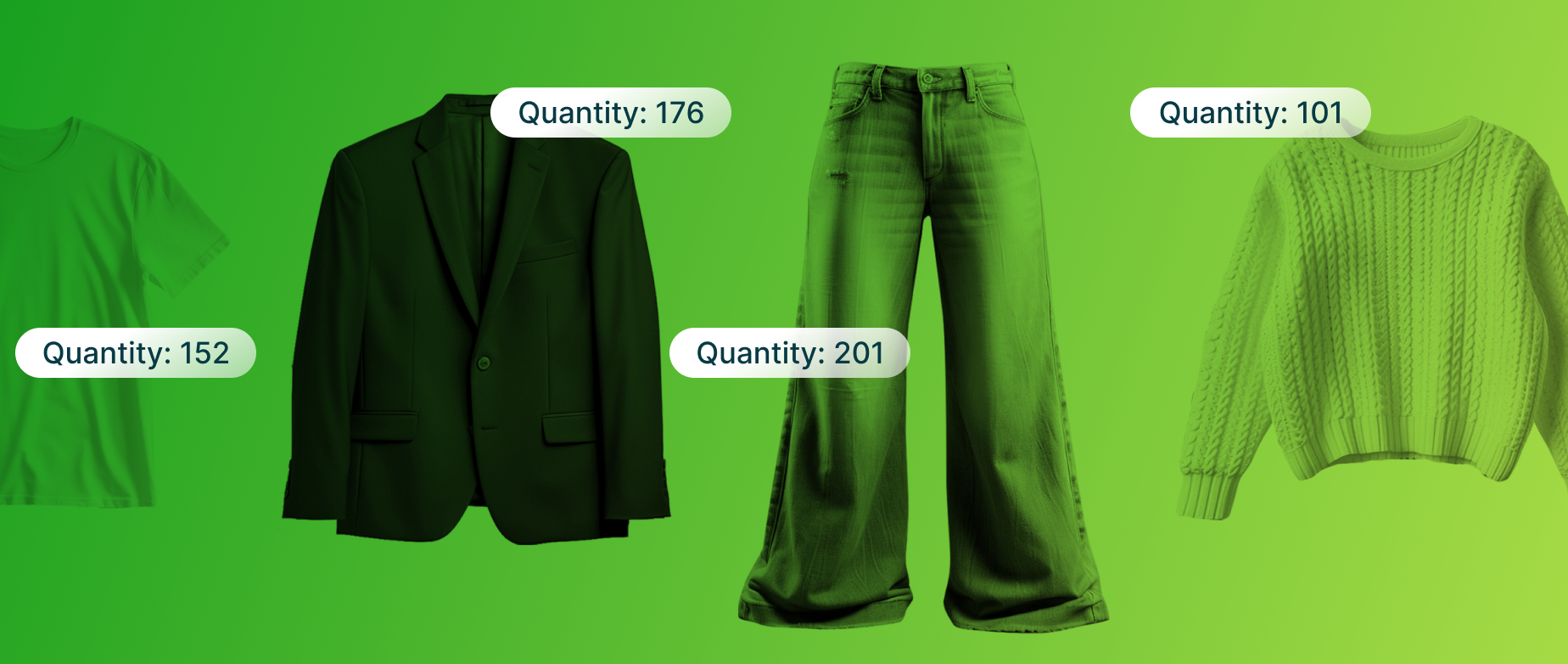 A green shirt, jacket, jeans, and a sweater next to each other with stock quantities on a green background.