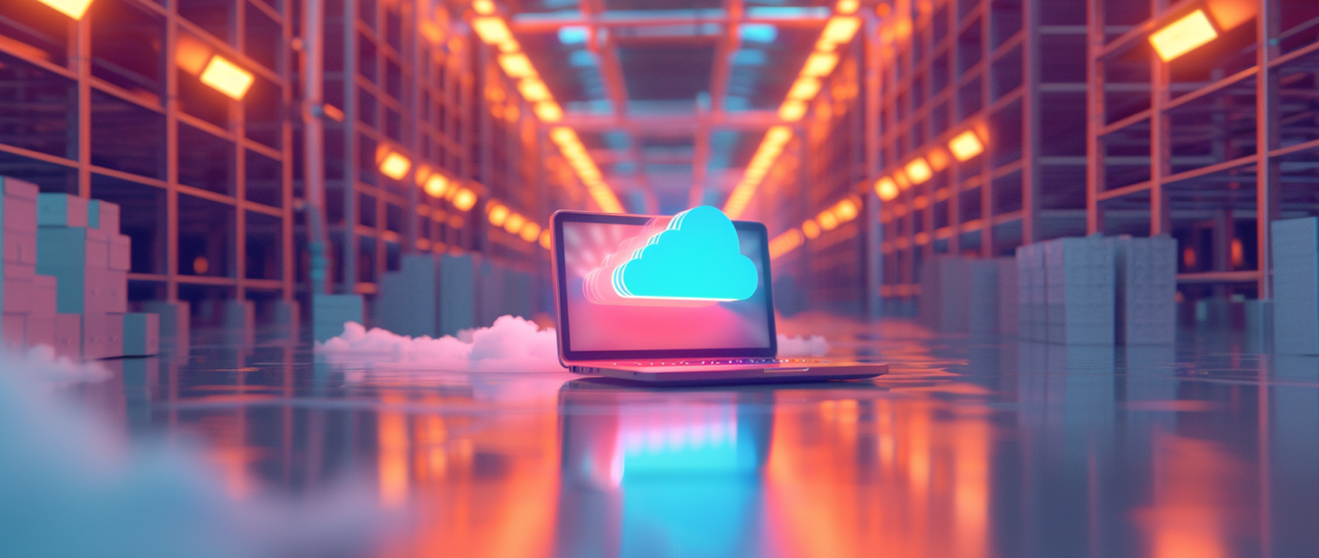 a cloud on a laptop in a warehouse representing cloud invetory management