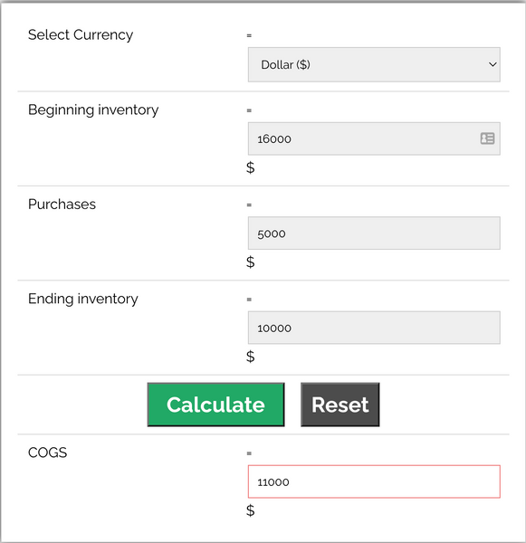 Image of cost of goods calculator in action