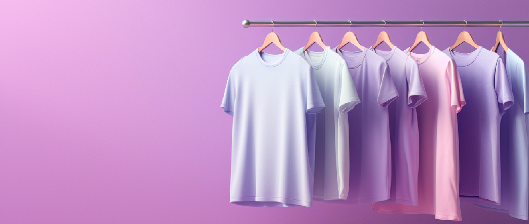 Multicolored shirts hanging on a rack against a pink background.