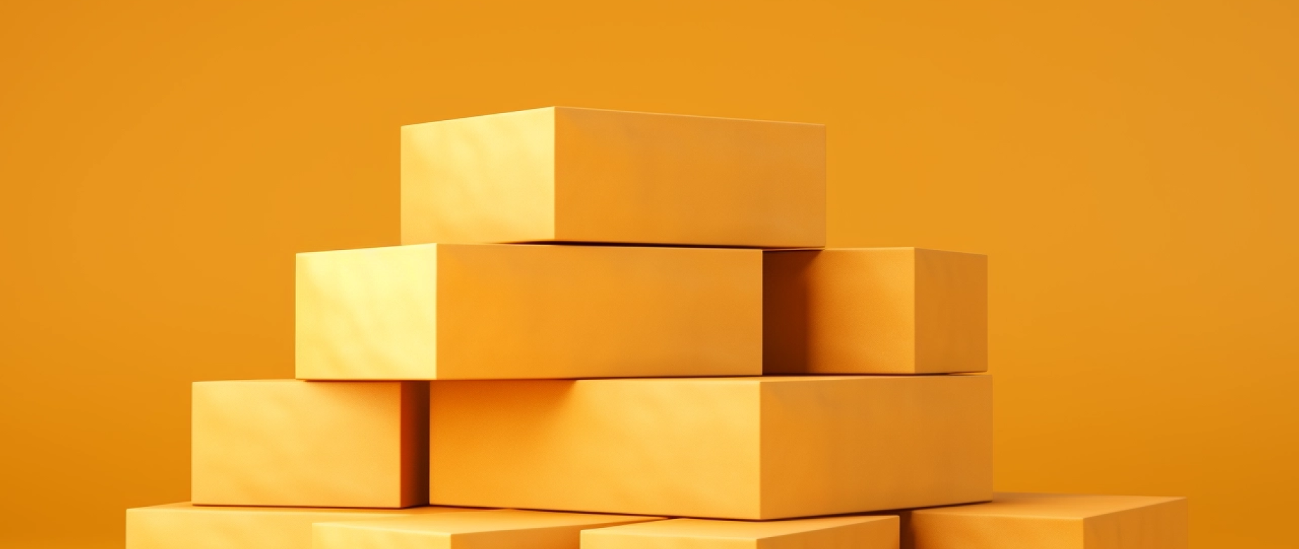 Boxes stacked in front of a dark orange background.