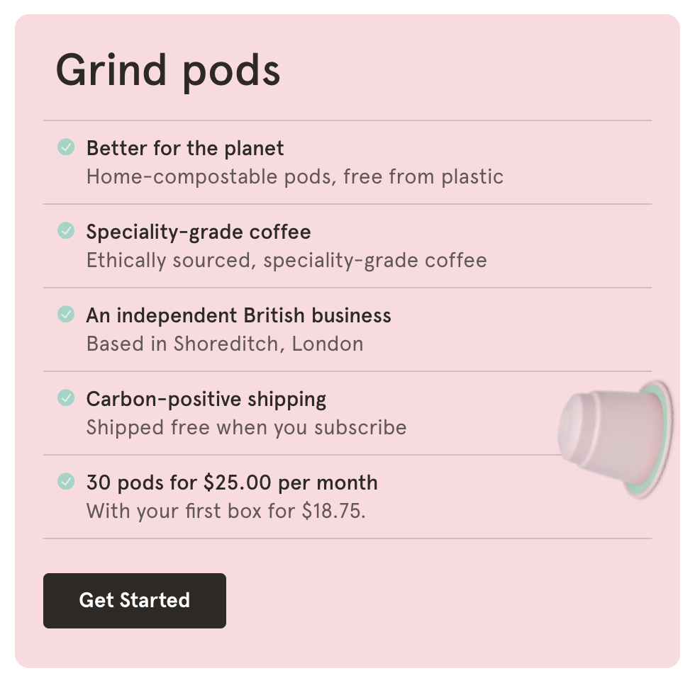Screenshot of Grind coffee pods website promo
