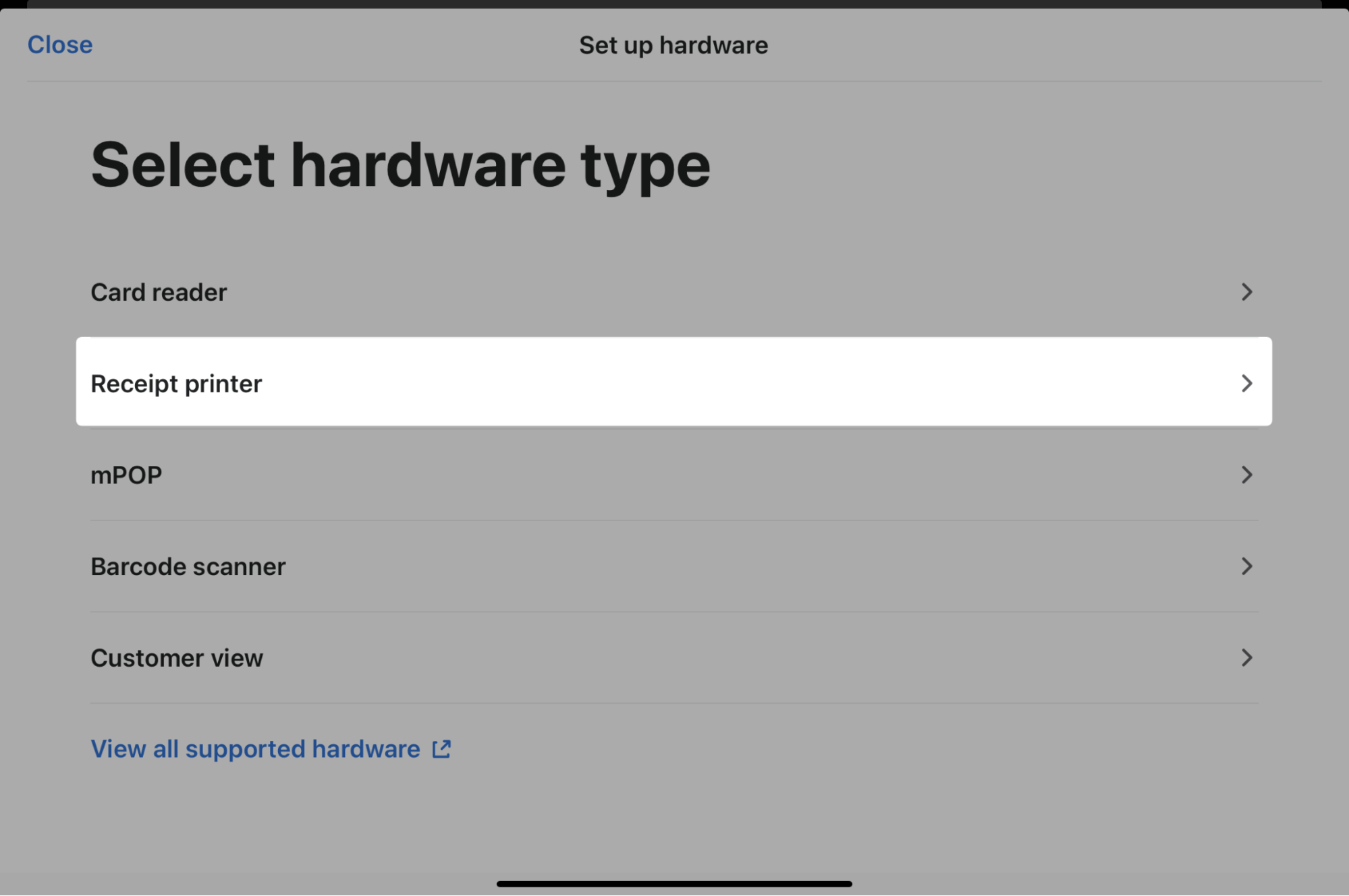 List of hardware you can integrate with Shopify POS including card readers, barcode scanners, and receipt printers.