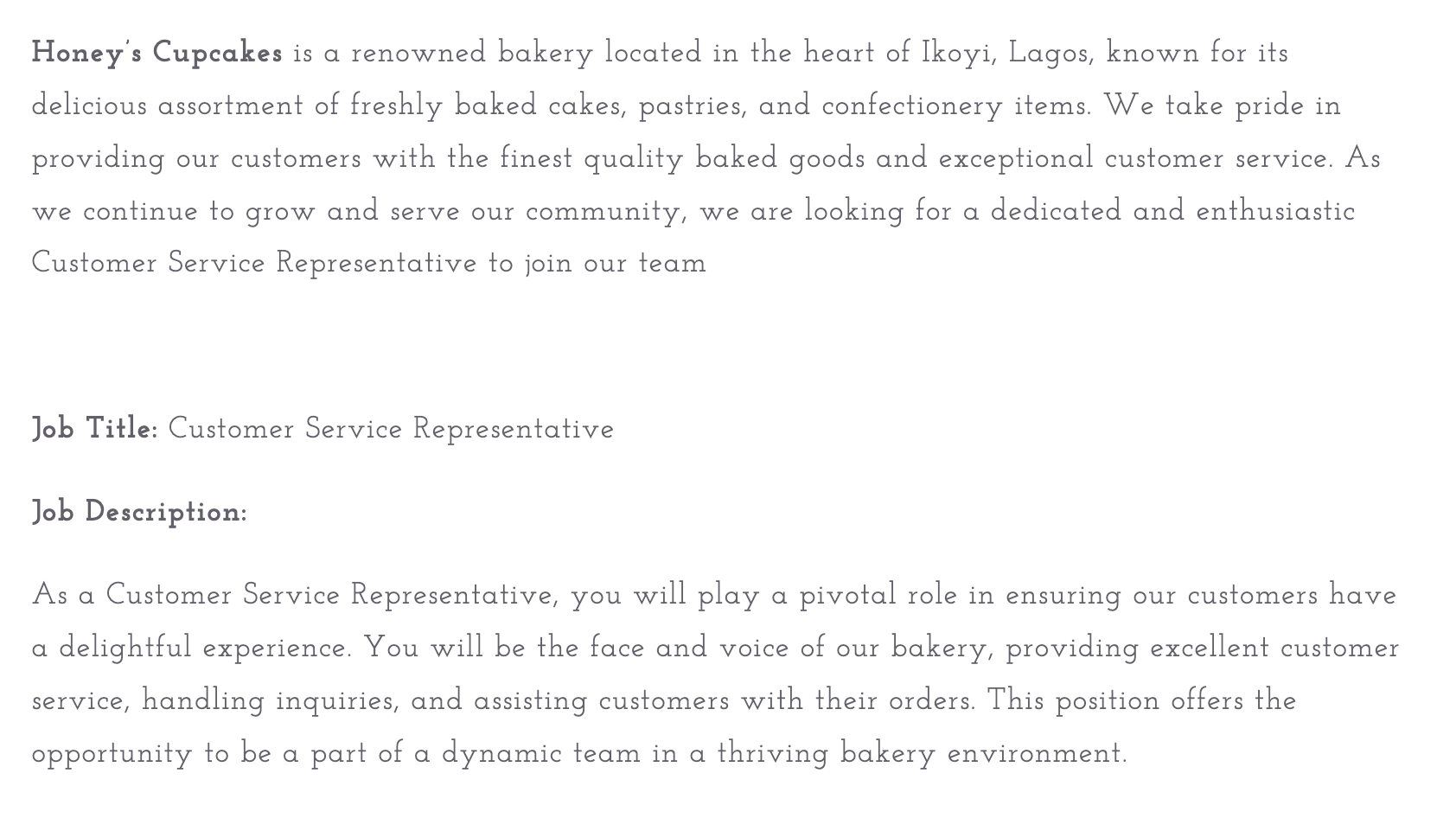 Screenshot of Honey’s Cupcakes customer service representative job ad