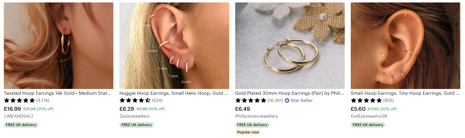 Four Etsy listings for gold hoop earrings. One has a yellow “popular now” tag.