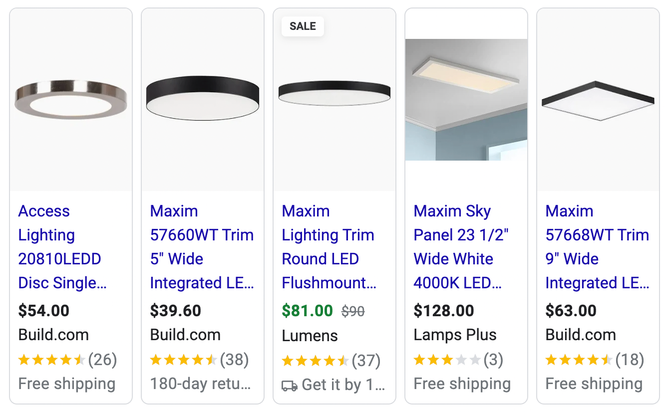 A selection of ceiling lights on Google shopping.