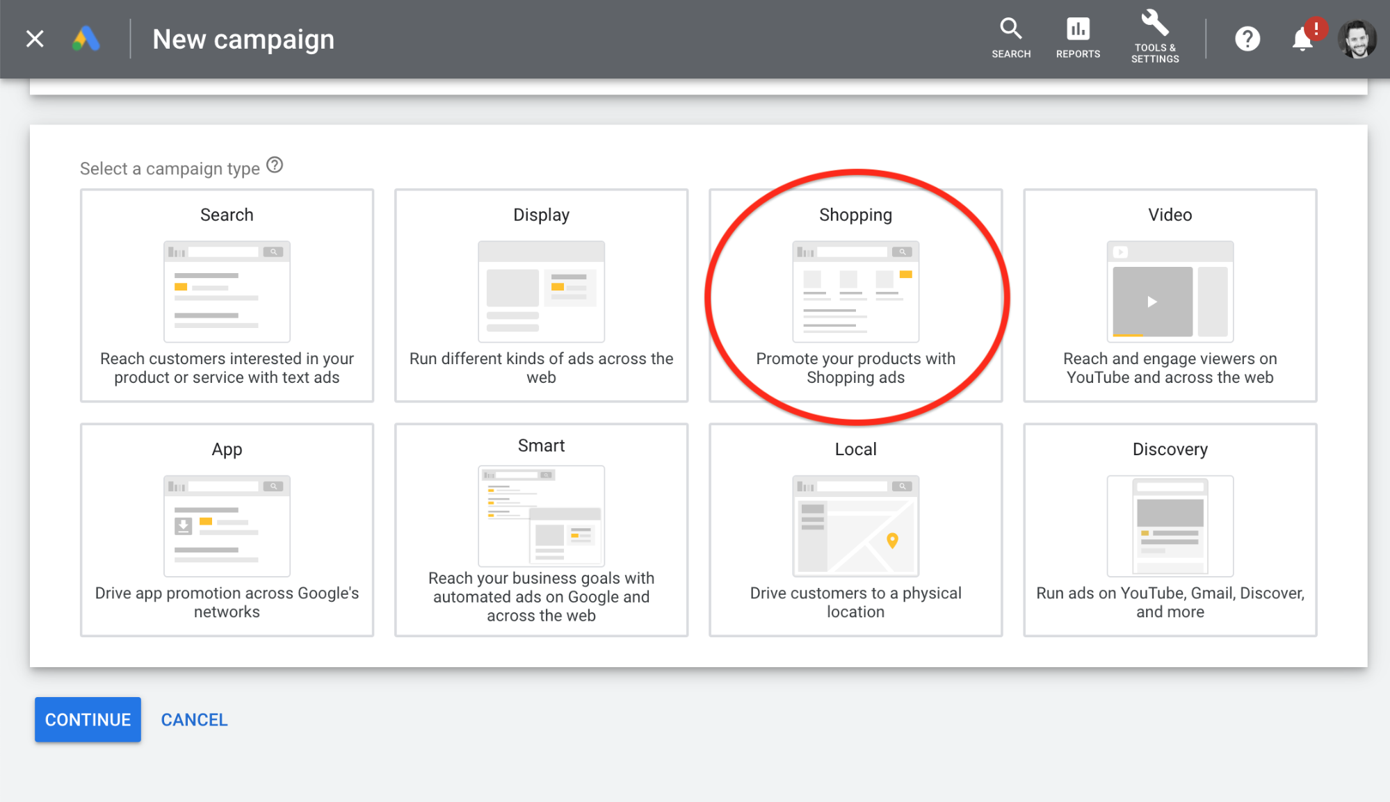 Select Google Shopping (not the Smart Campaign option)