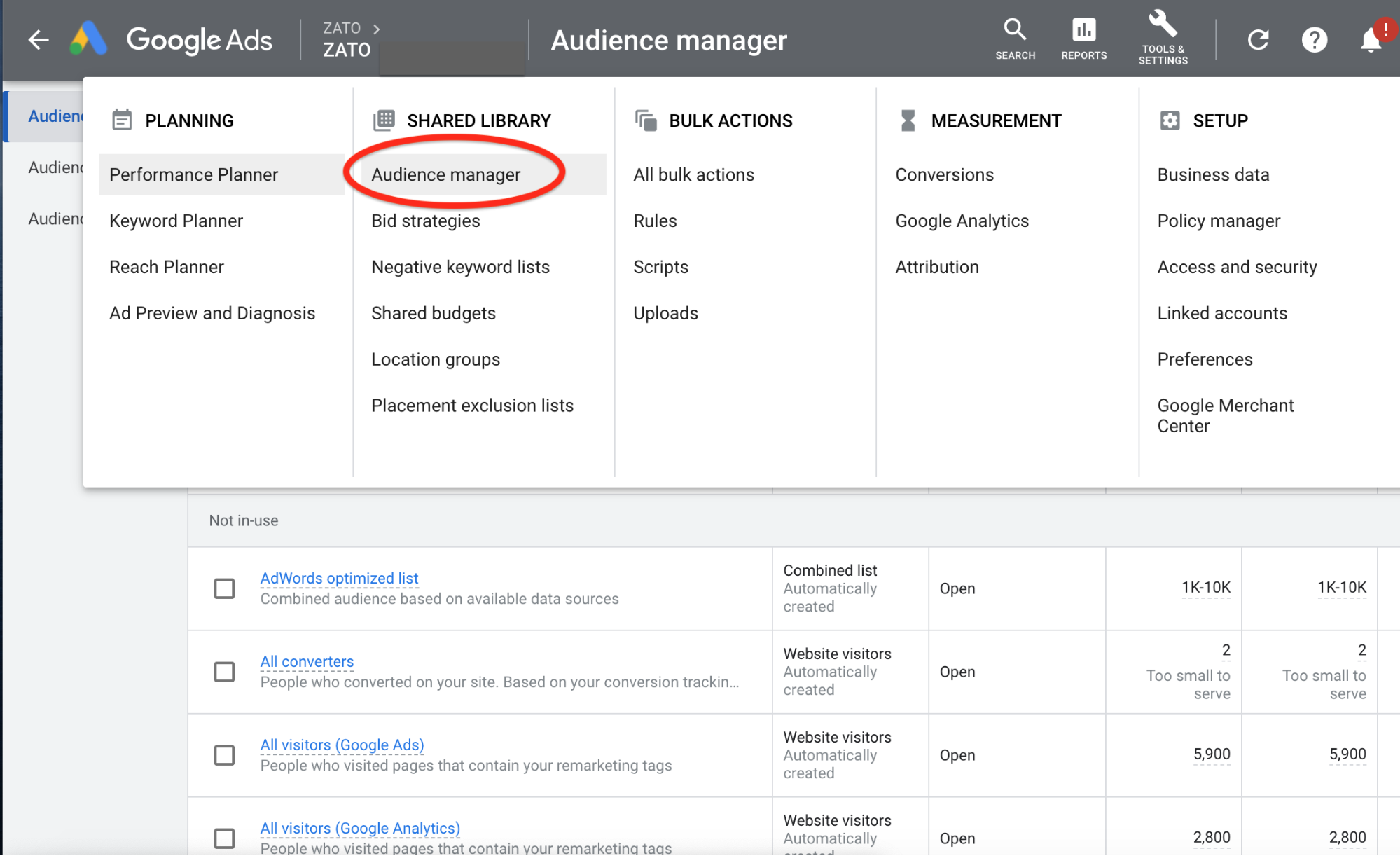 audience manager google ads navigation