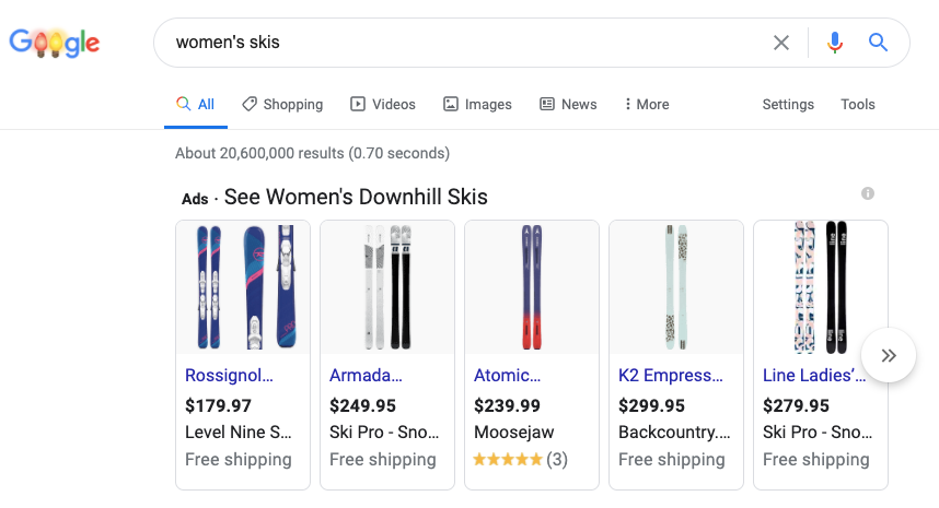 search for women's skis on google