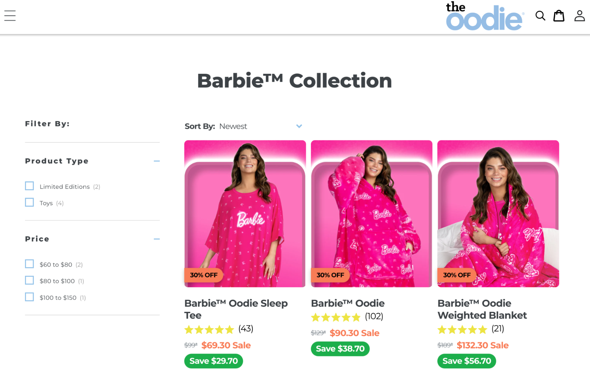 Screenshot of The Oodie category page where it sells a Barbie Blanket.