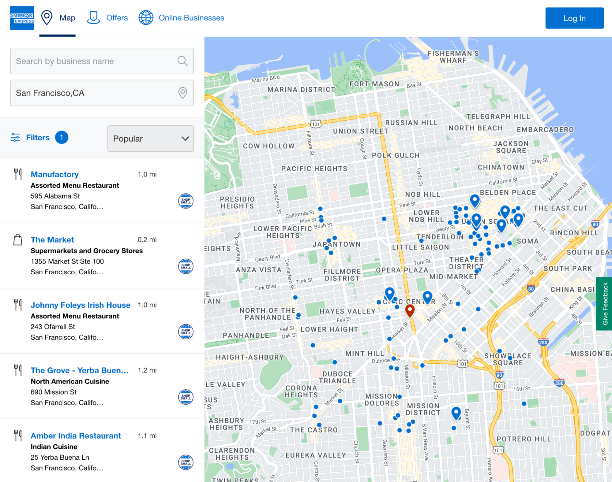 Screenshot of the American Express Shop Small Map of San Francisco with blue dots indicating the locations of local retailers.