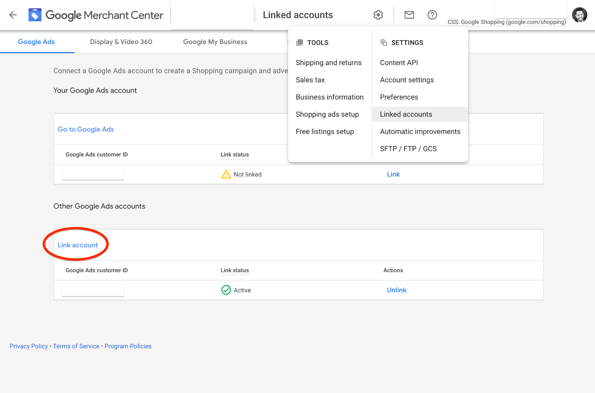 Linked accounts Google Merchant Center