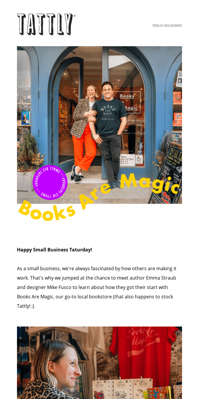 Screenshot of a Tattly email celebrating small business Saturday. The email contains an image of the founders of local Brooklyn bookstore Books Are Magic.