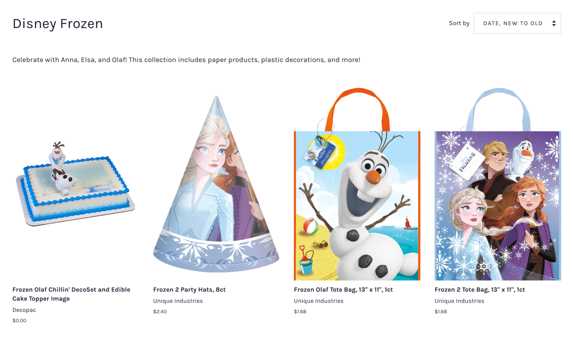 Image of A Birthday Place selling Frozen party goods licensed through Disney