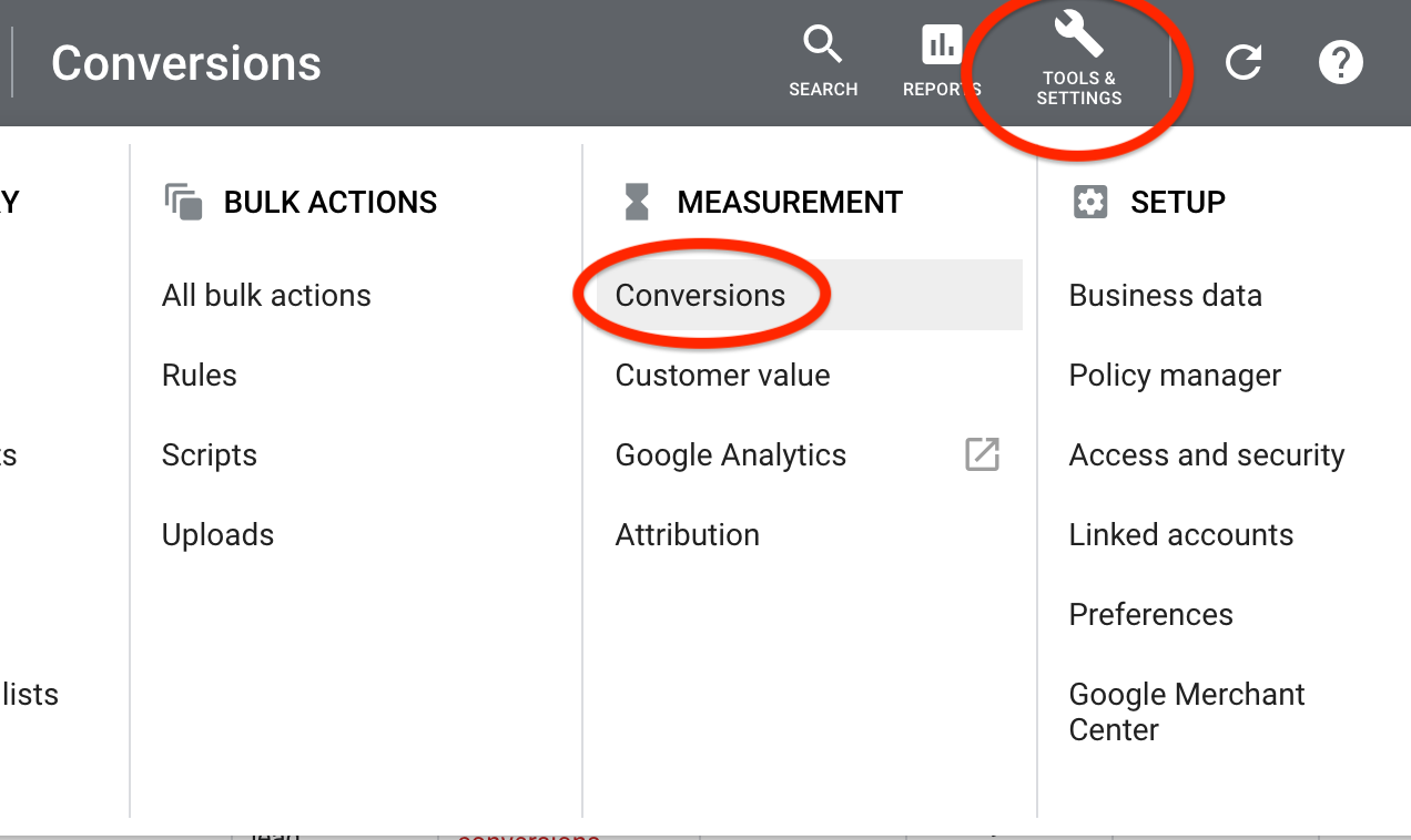 navigate to the tools section of google ads and select conversions