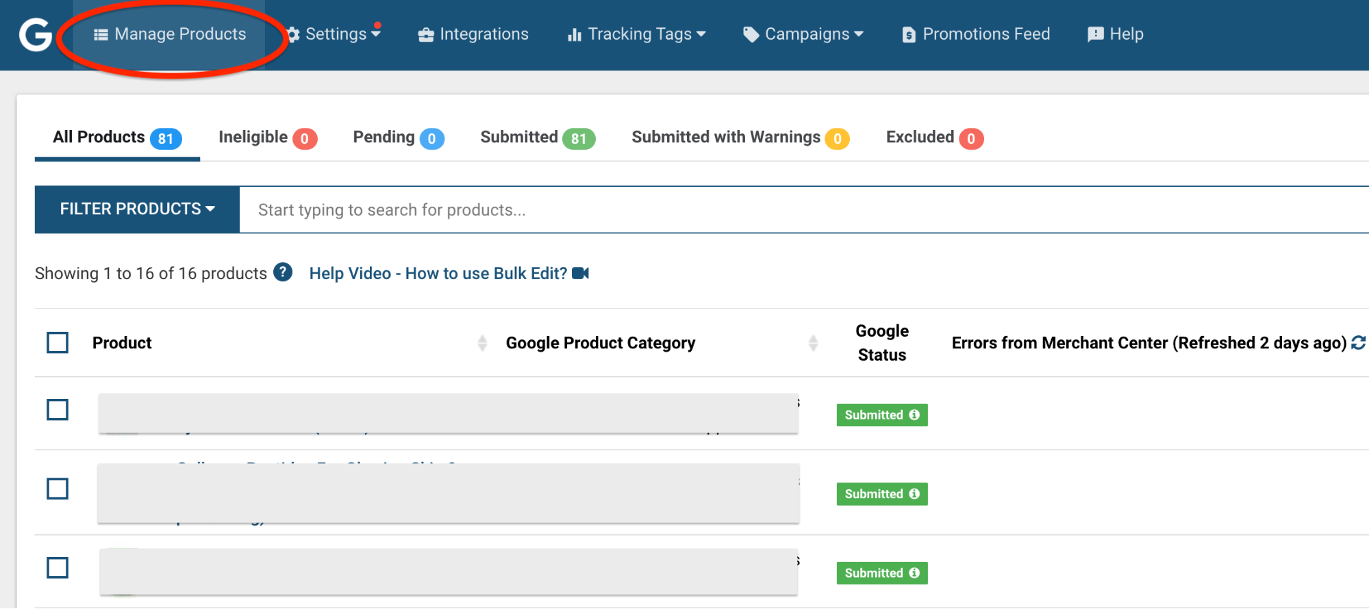 Manage Products page Simprosys