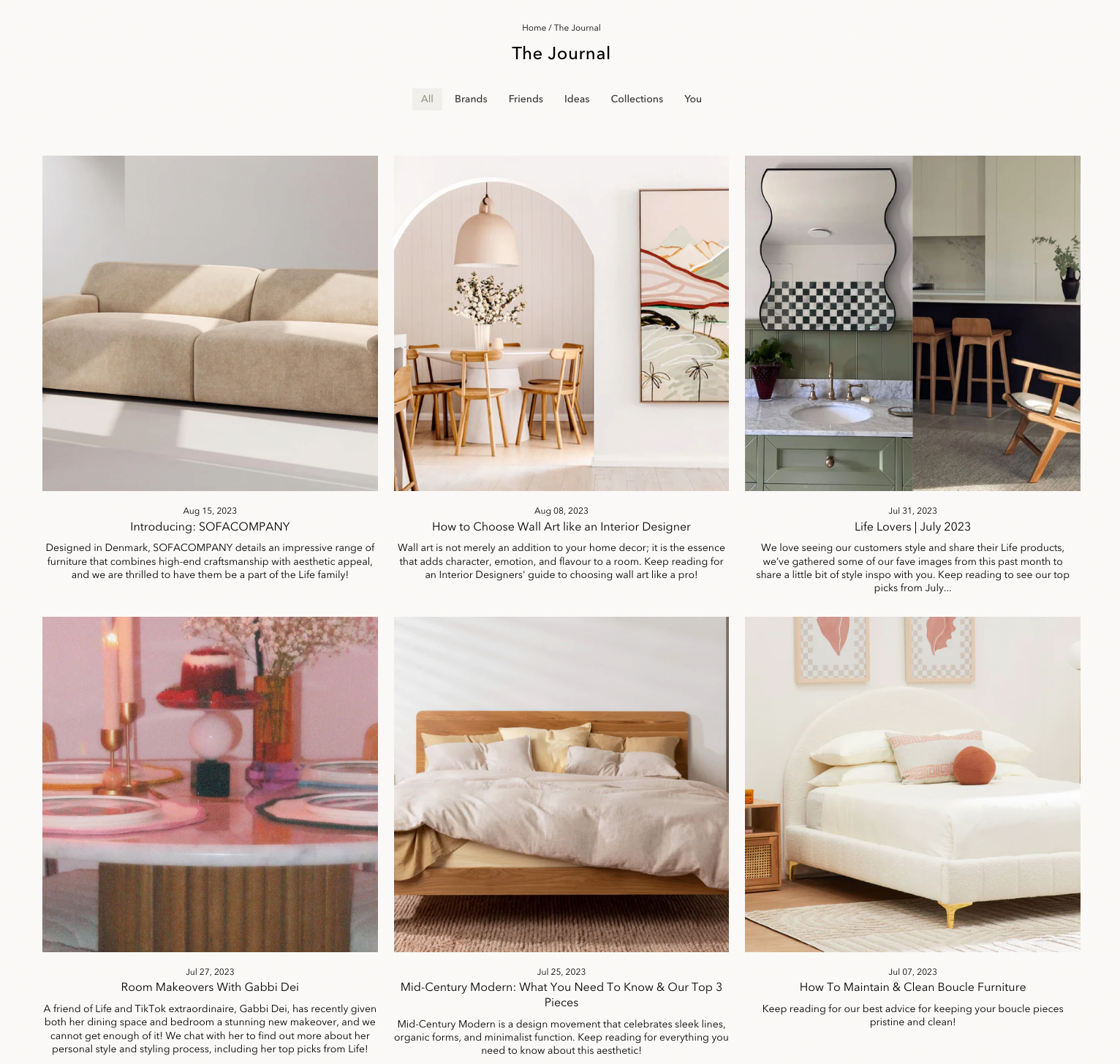 Screenshot of Life Interiors blog featuring six different home set-ups with beds, sofas, and pictures.